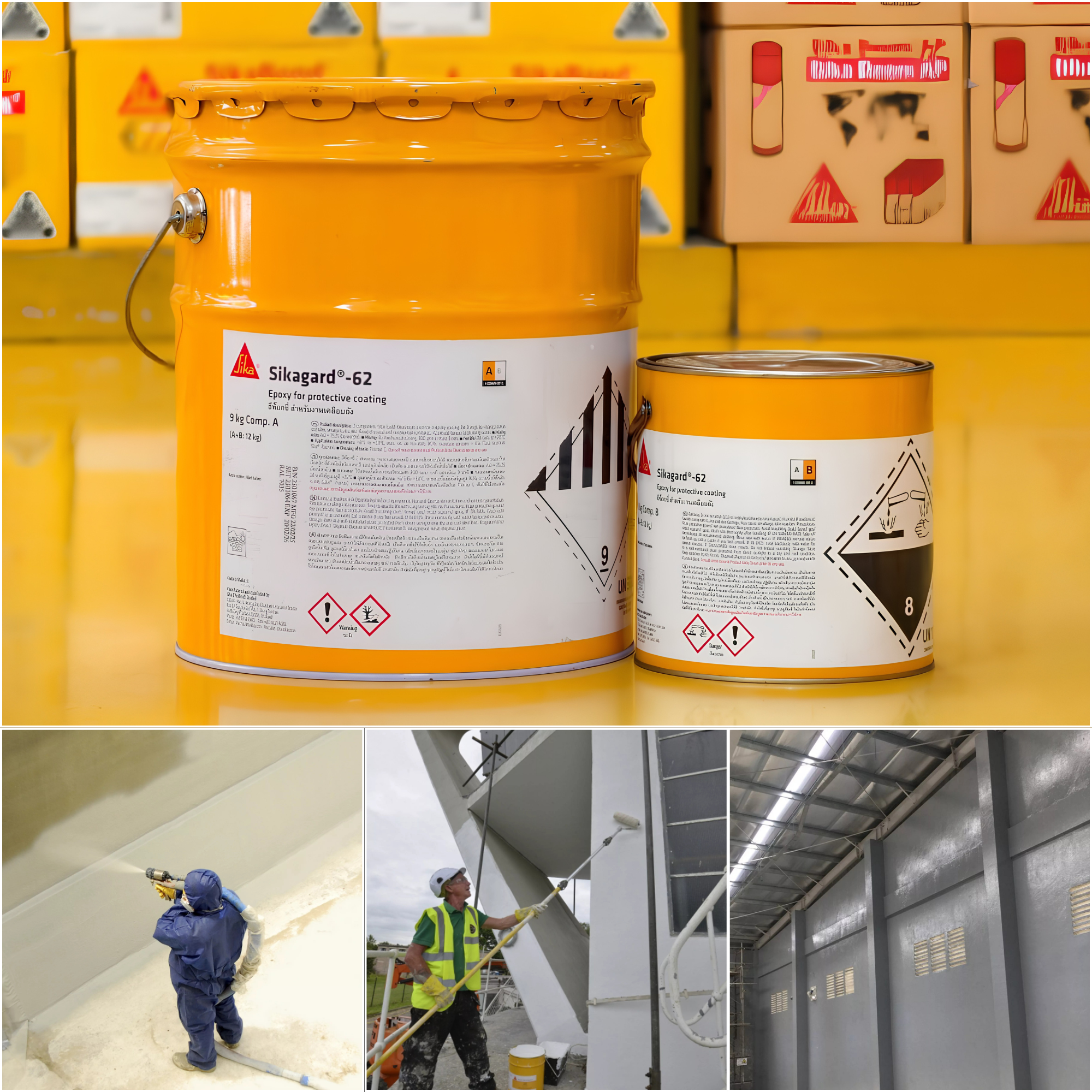 Collage of Sikadur-62 paint cans and construction workers applying white material.