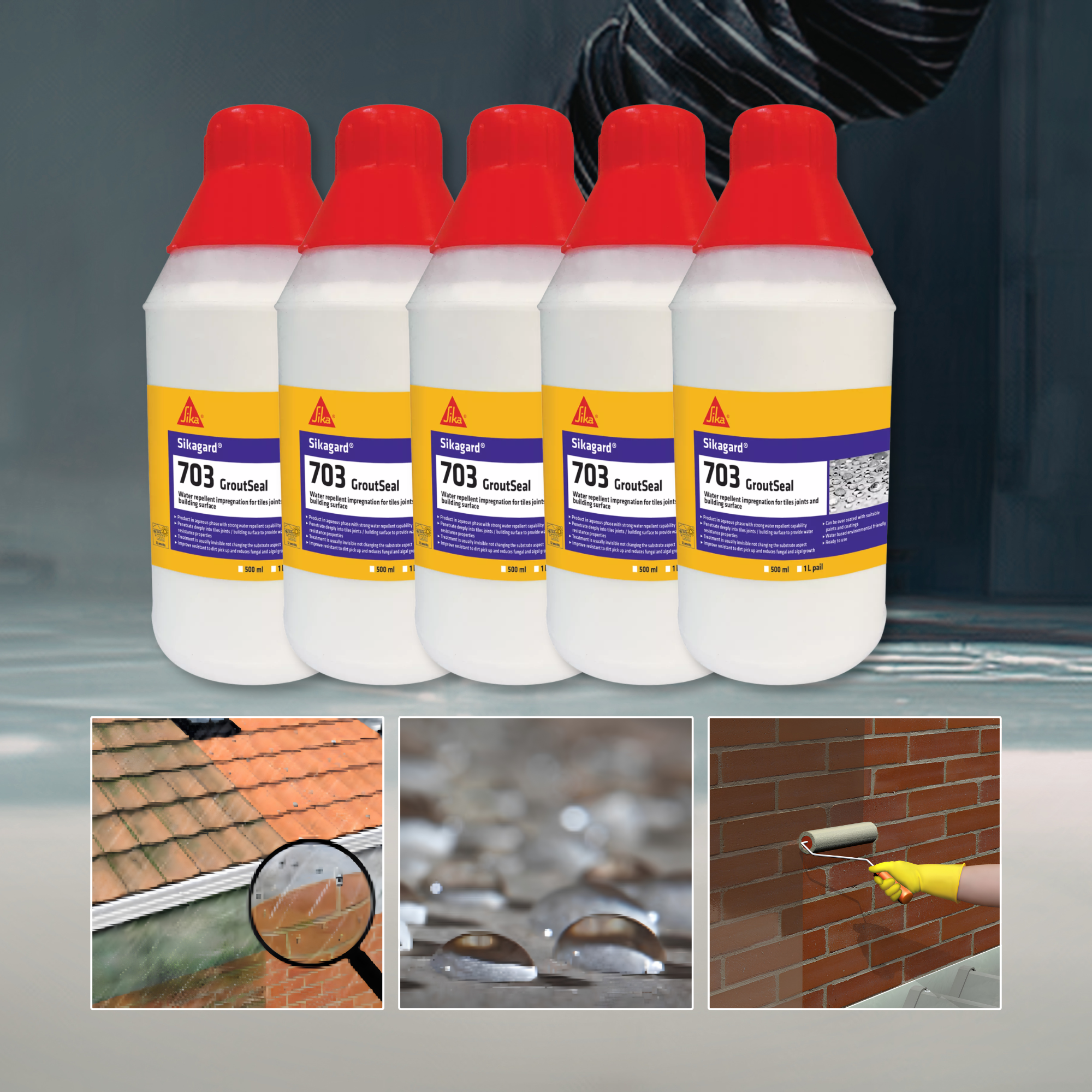 Five bottles of Sika 703 sealant with application images on a gray background