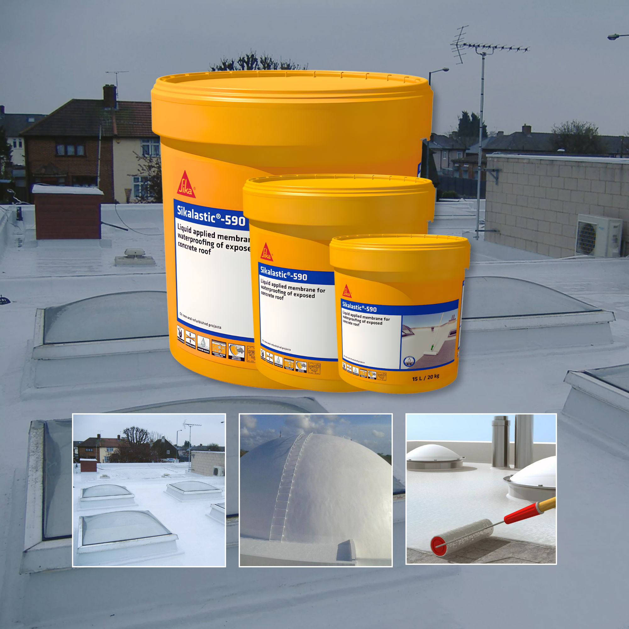 Three yellow containers of Sika elastomeric roof coating on a rooftop with additional images of the product application.