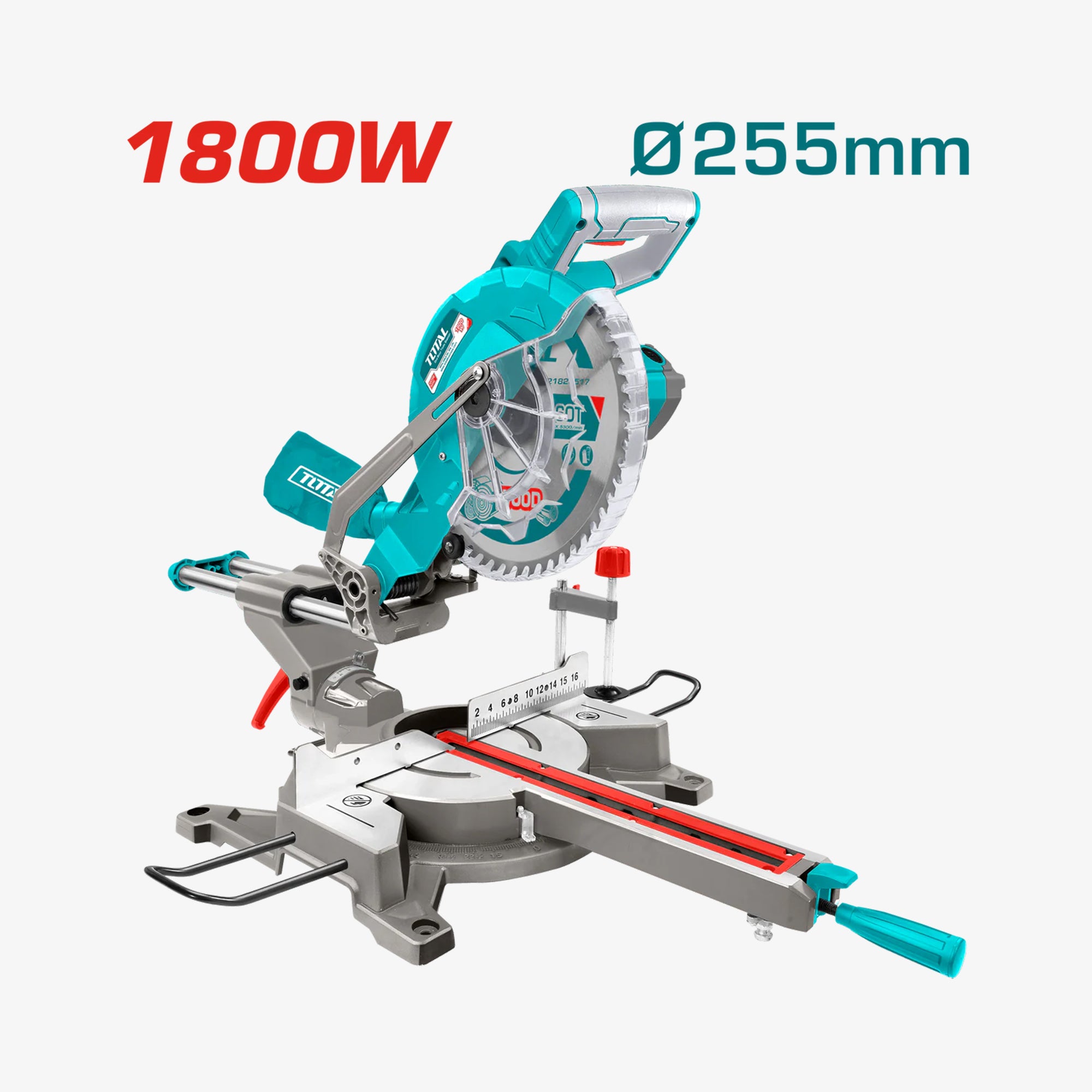 Miter saw with 1800W rating and 255mm blade diameter on a white background