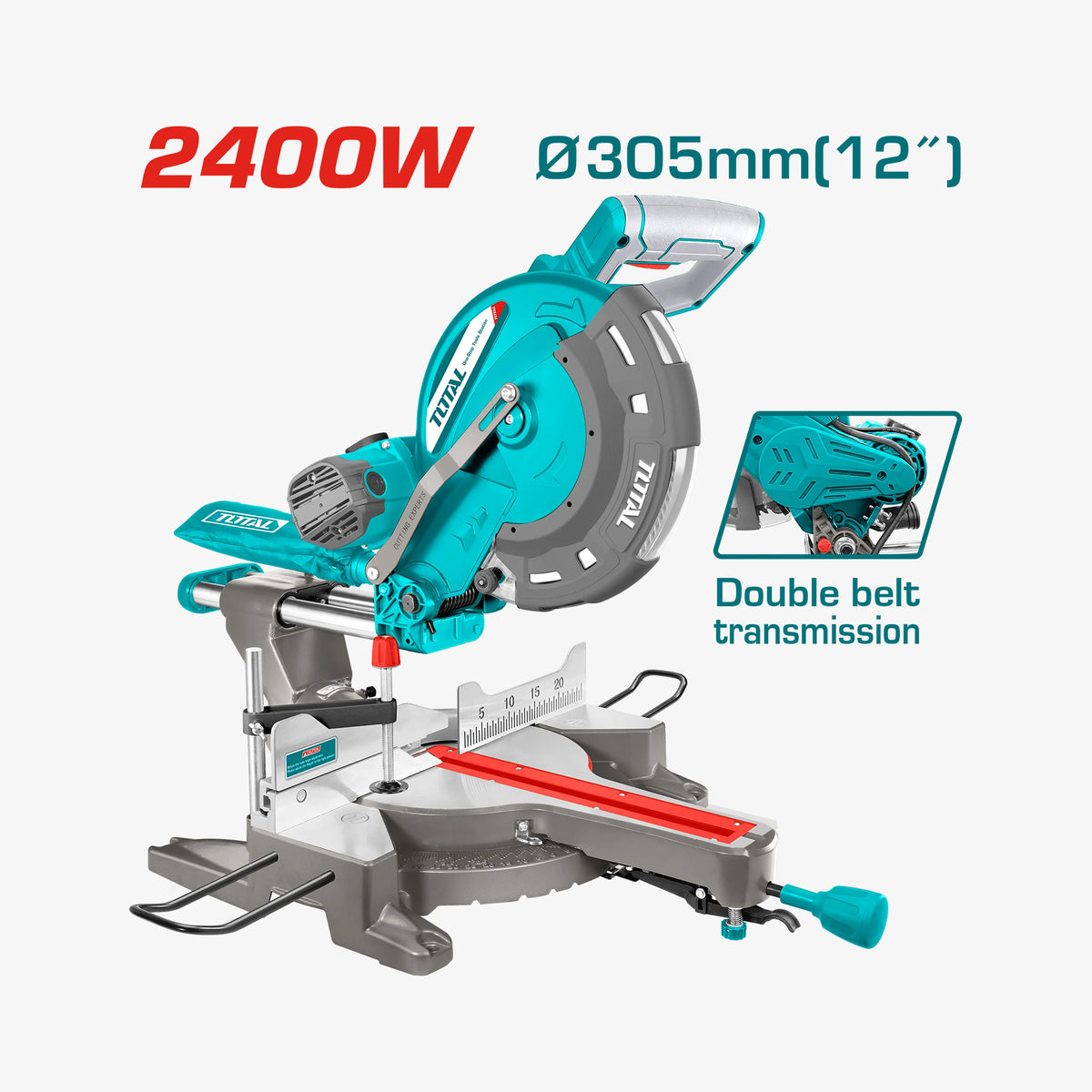 Teal miter saw with 2400W rating and 305mm blade size on a white background