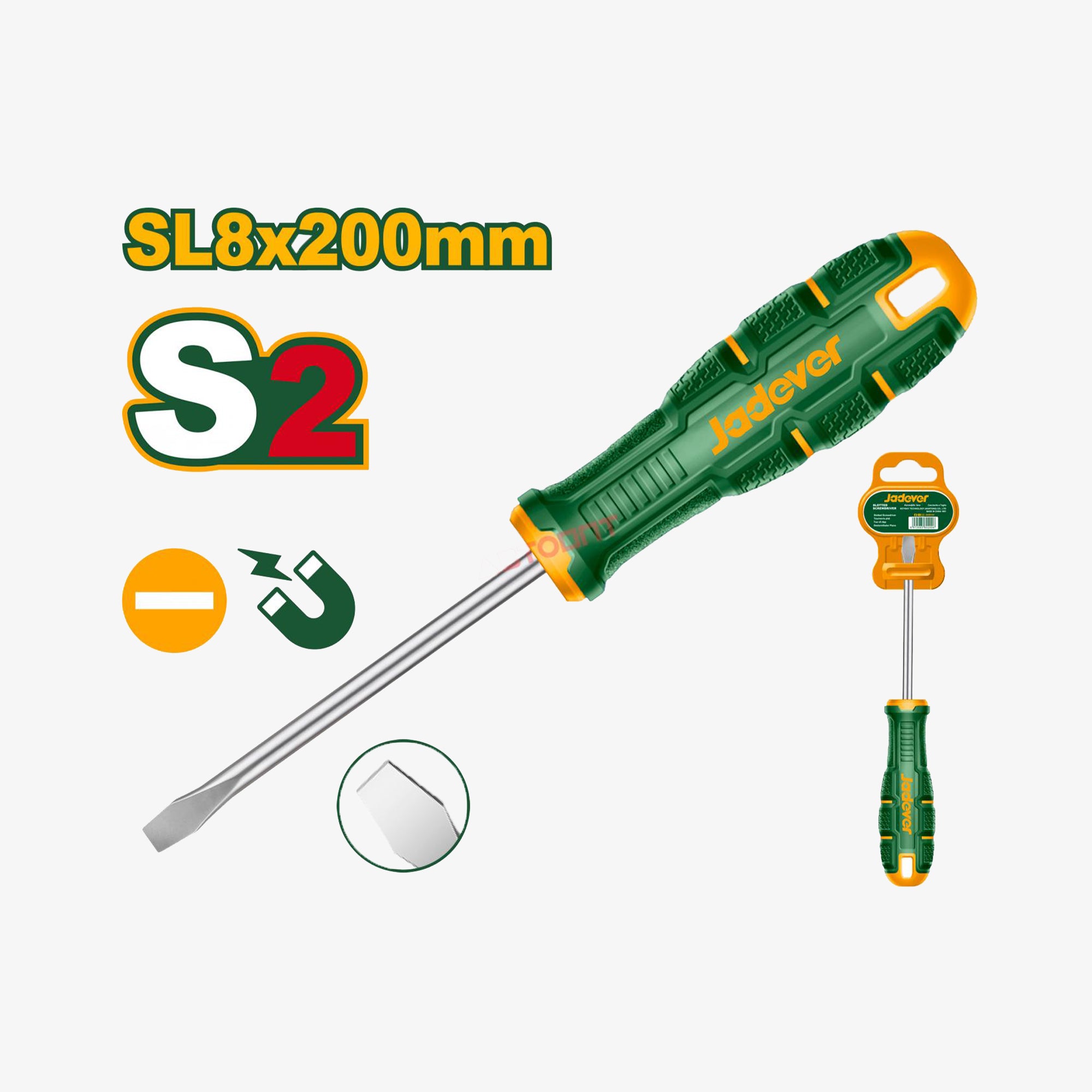 Green screwdriver with 'Janssens' branding on a white background