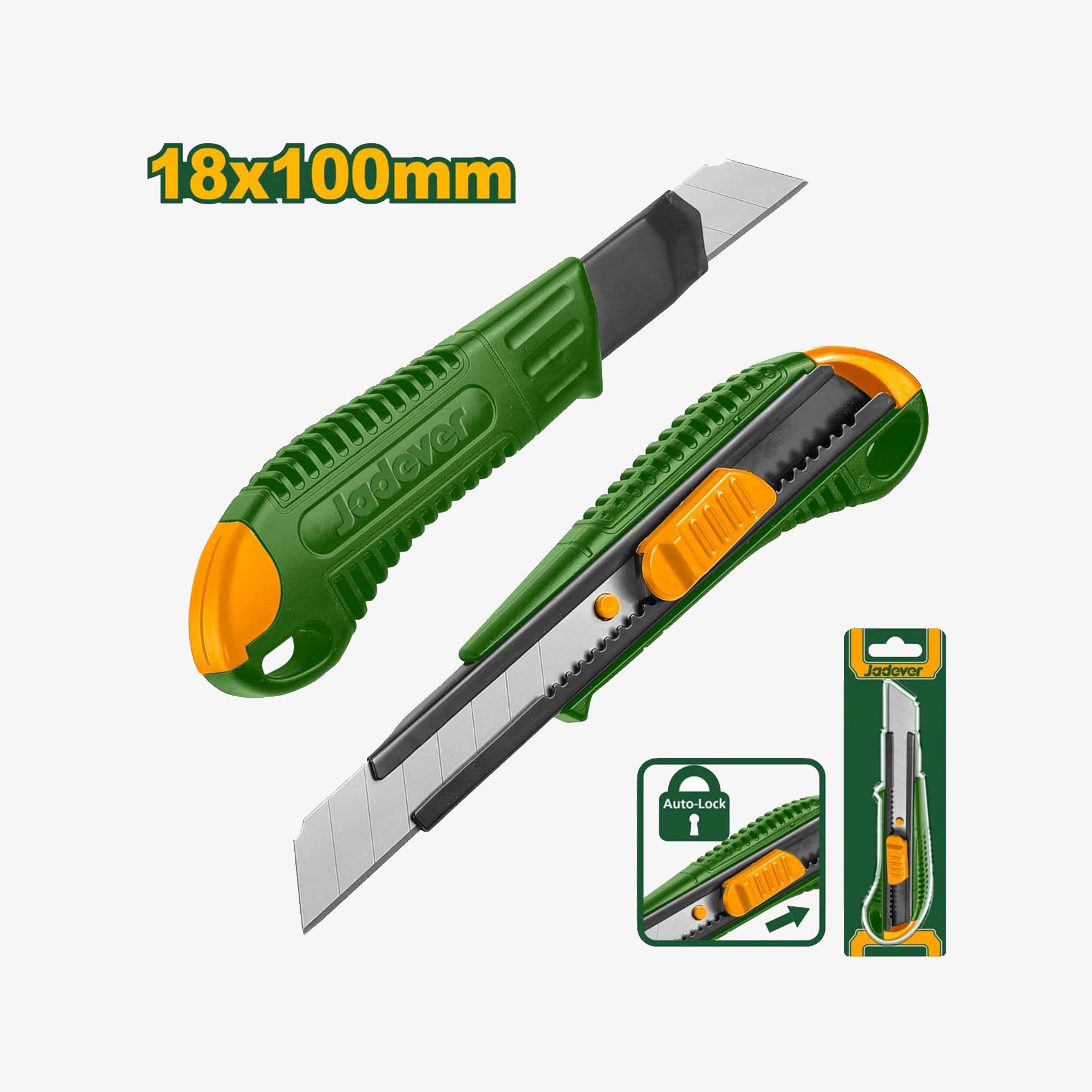 Green and orange utility knife with packaging on a white background