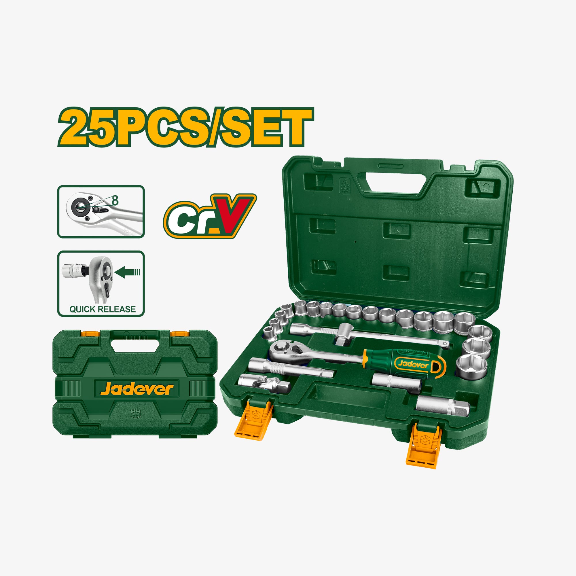 Green tool set with tools and carrying case on a white background, featuring the brand 'Jadover'.