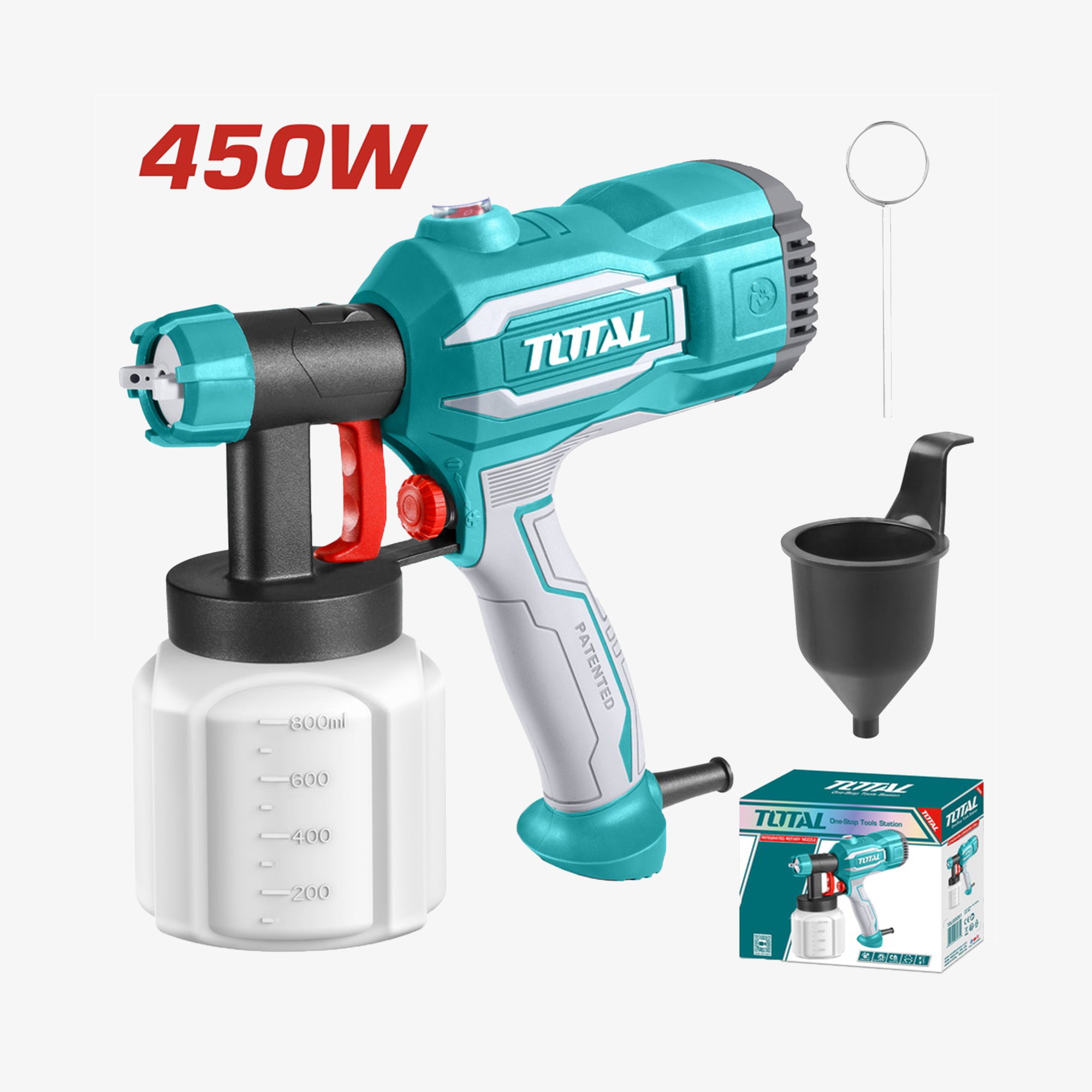 Turquoise paint sprayer with accessories on a white background