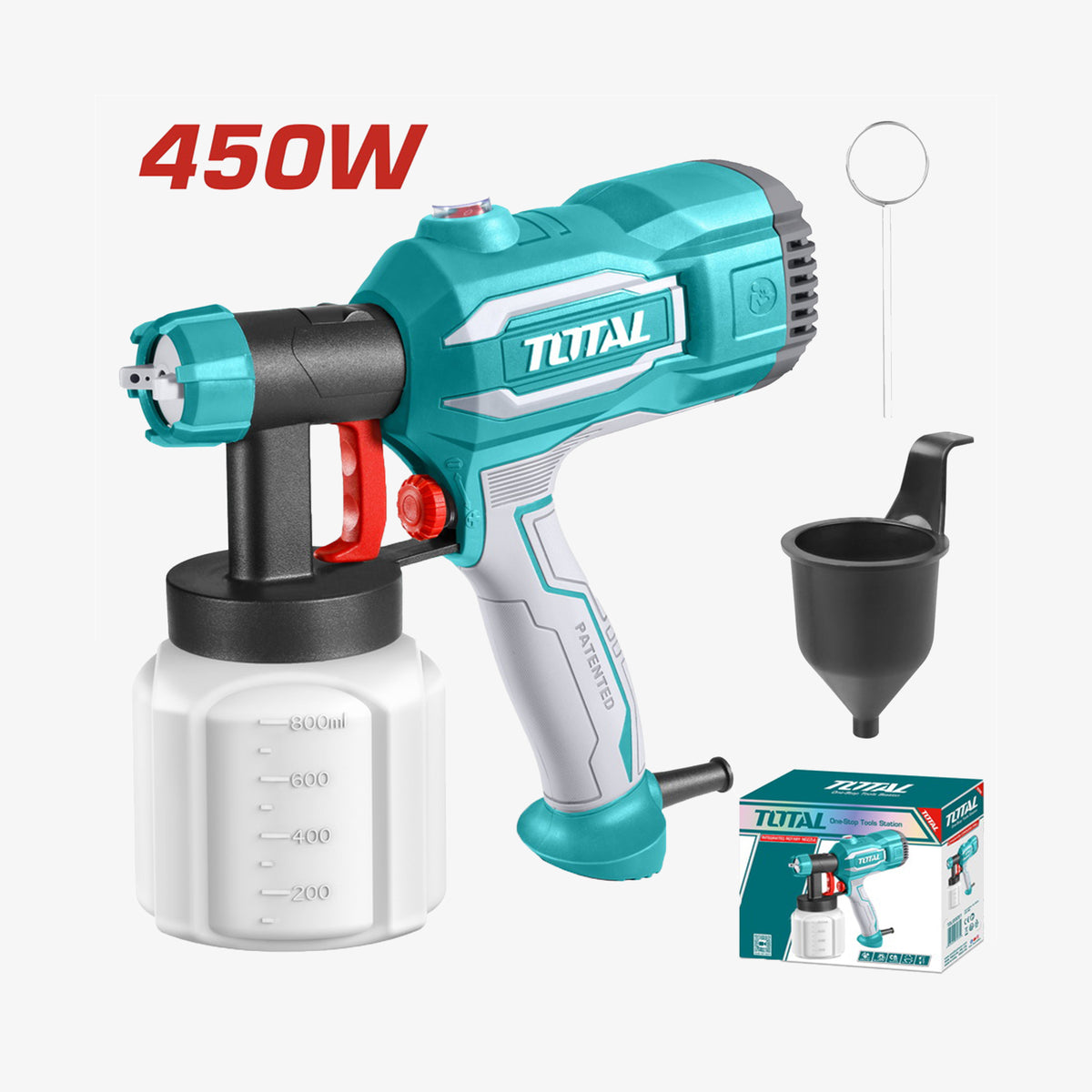 Turquoise paint sprayer with accessories on a white background