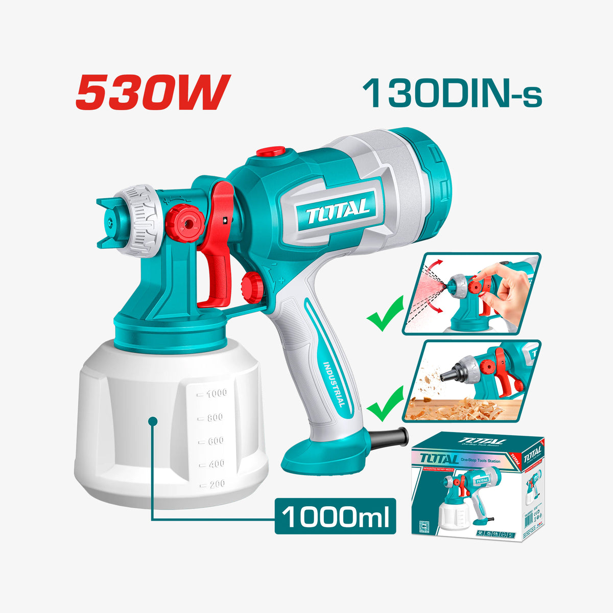 Turquoise and white spray gun with red accents, featuring Total branding, on a white background.