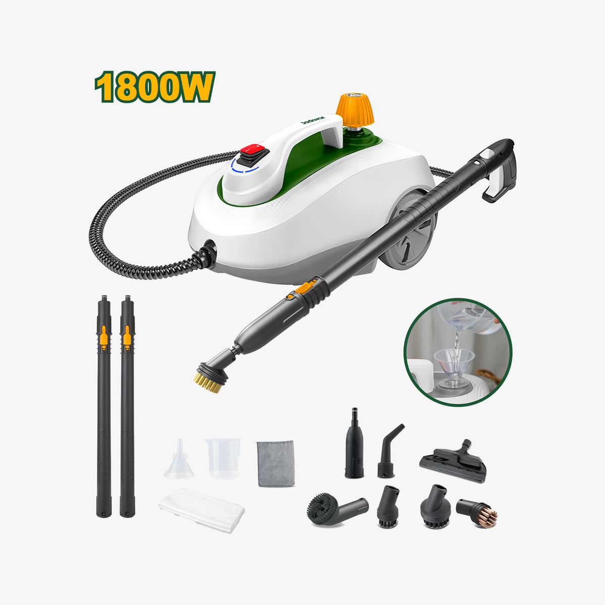 Steam cleaner with attachments on a white background, featuring '1800W' text.