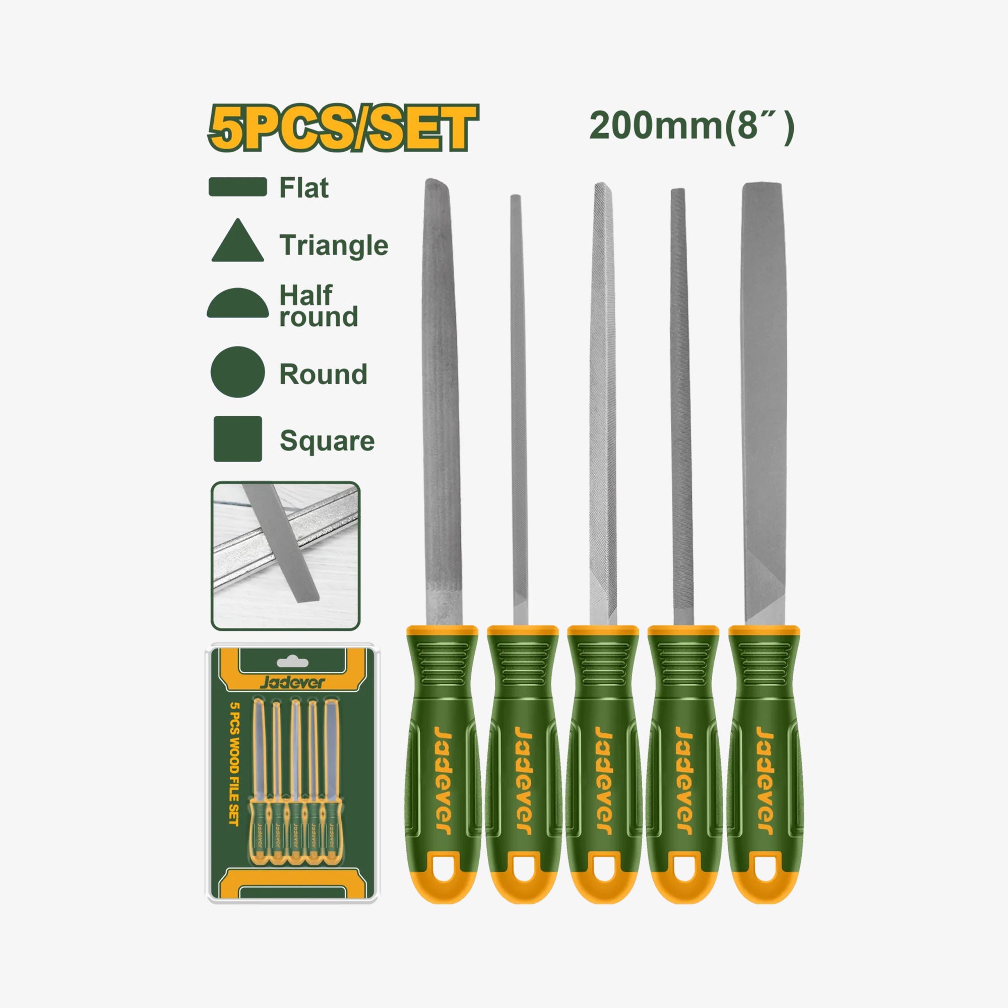 Set of five chisels with packaging labeled 'Jadovar' on a white background.
