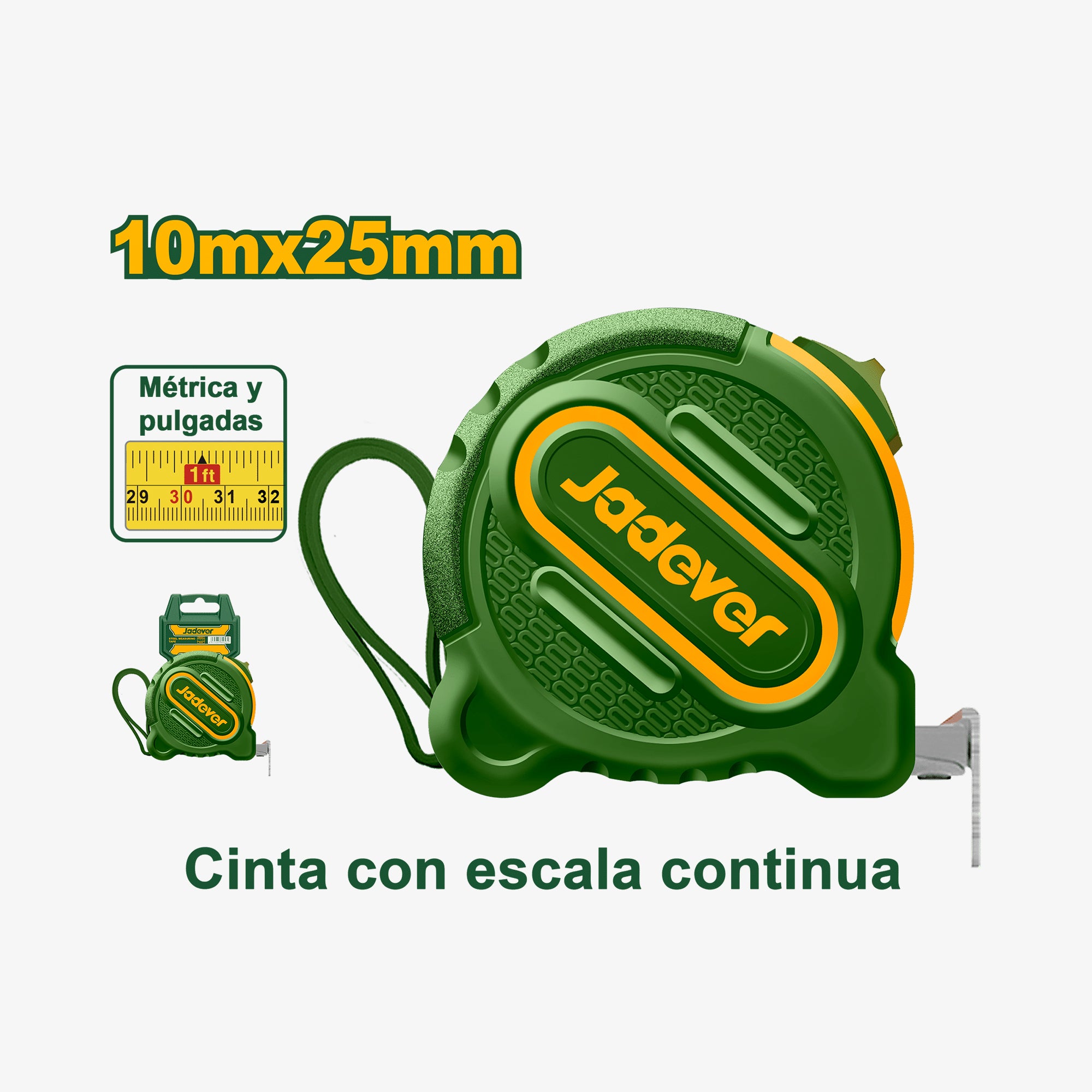 Green tape measure with Jadever branding on a white background
