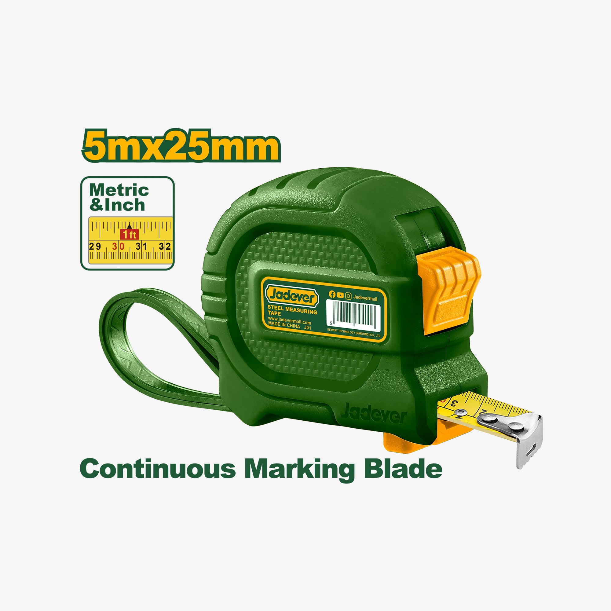 Green tape measure with yellow accents on a white background
