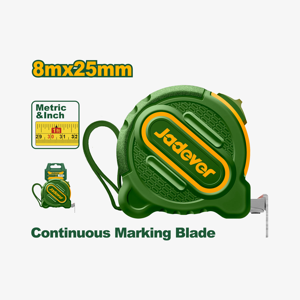 Green tape measure with 'Jadever' branding on a white background