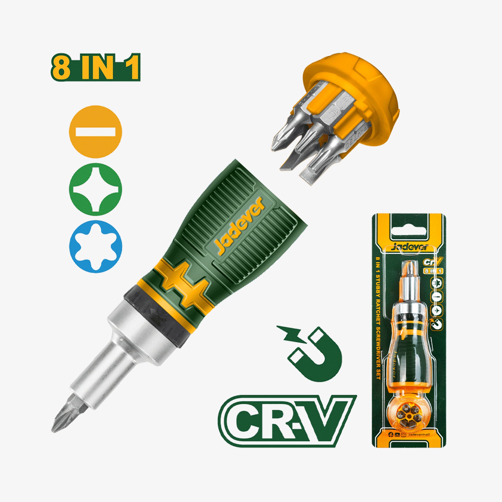 8-in-1 screwdriver set with interchangeable bits on a white background