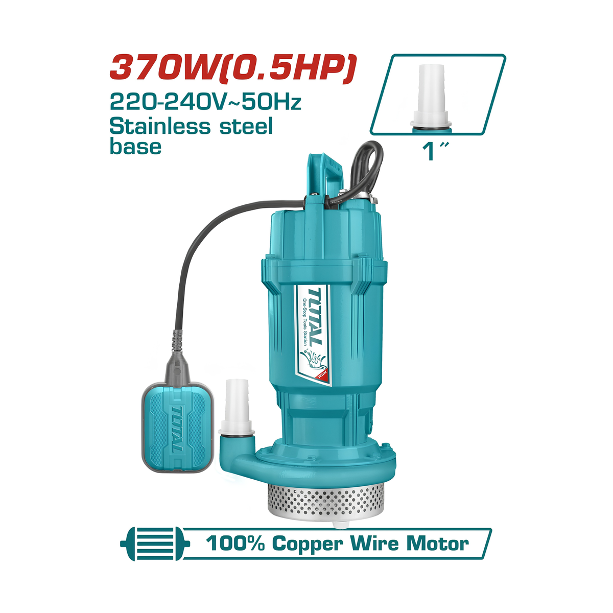 Teal submersible pump with specifications on a white background