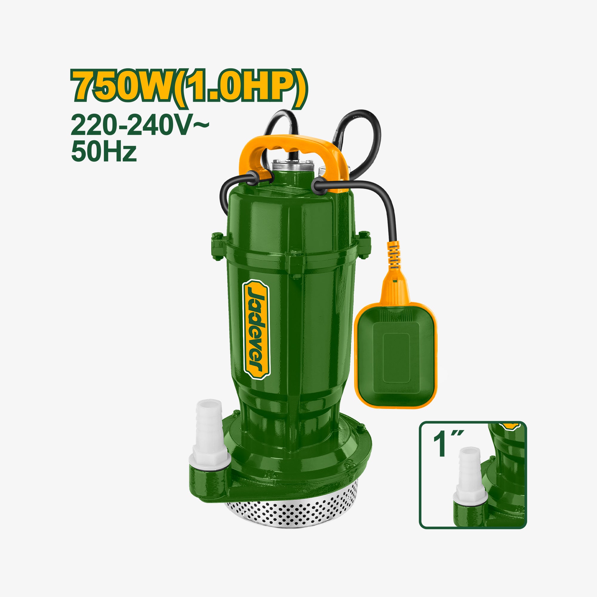Green submersible pump with specifications on a white background