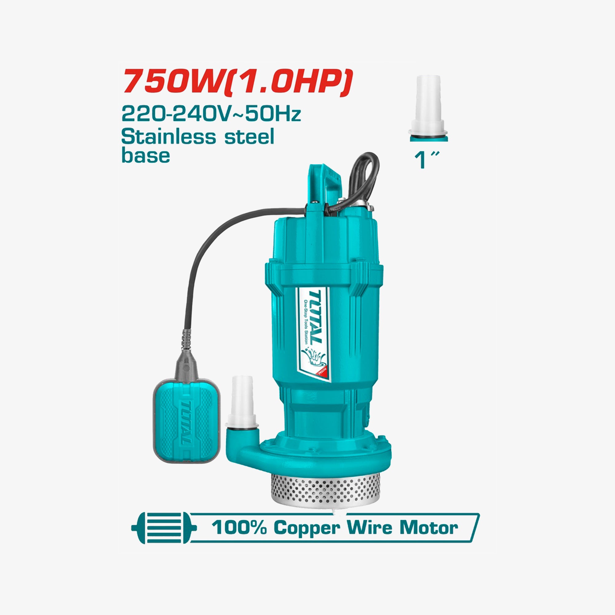 Turquoise submersible pump with specifications on a white background