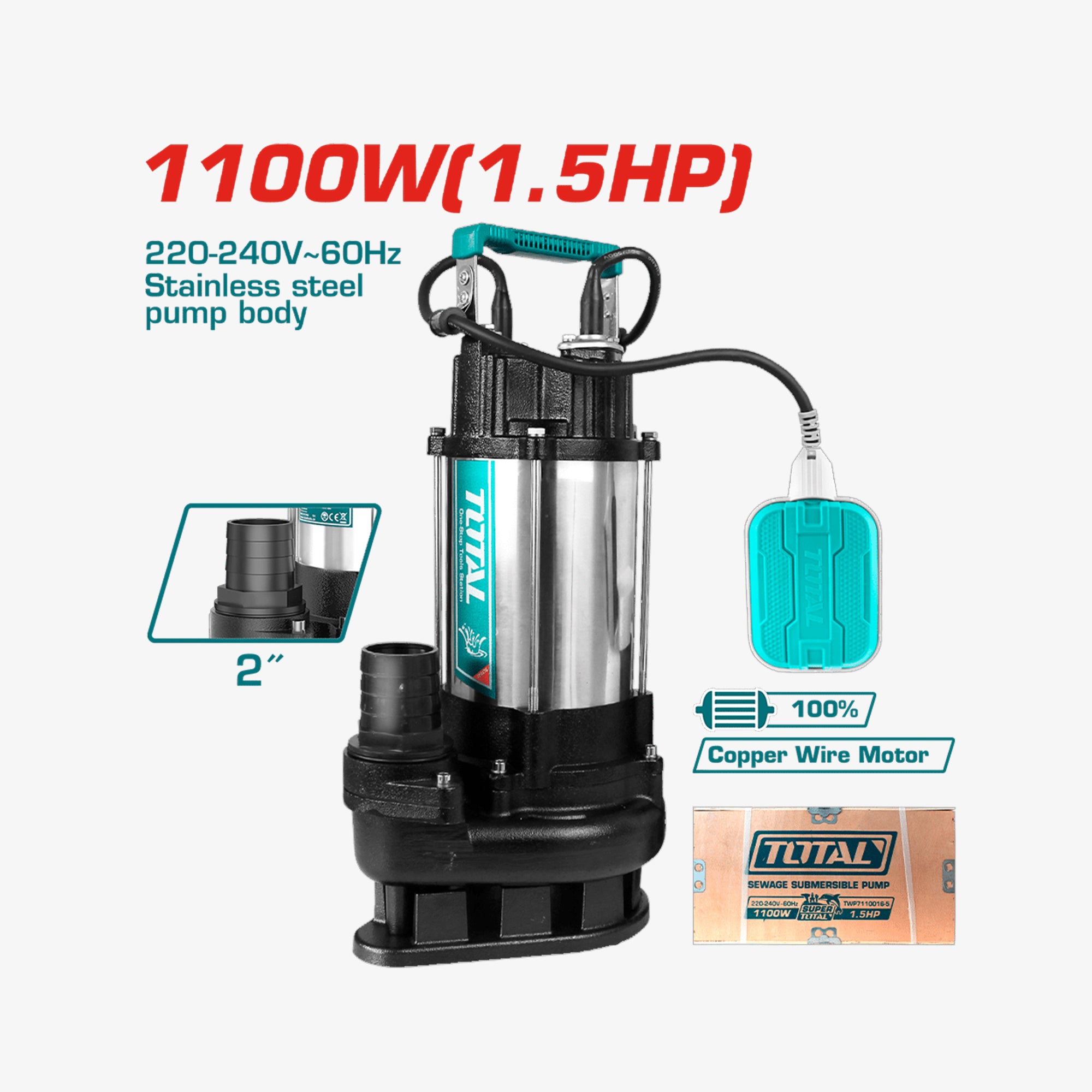 Total submersible pump with specifications on a white background
