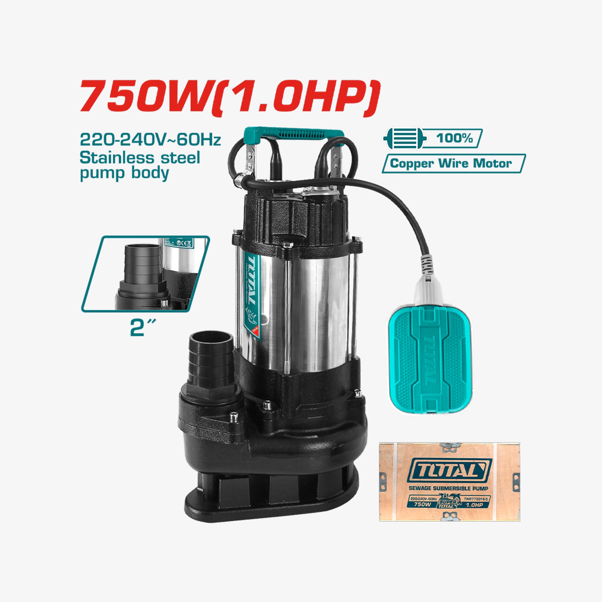 Submersible pump with specifications on a white background