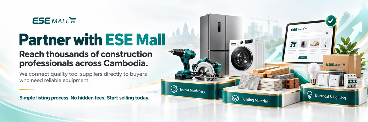 Promotional banner for ESE Mall advertising partnerships with construction tool suppliers across Cambodia. The graphic features a teal and white ESE Mall logo, text, and a central arrangement of products including a silver refrigerator, a white washing machine, a cordless drill, a circular saw, a laptop showing the ESE Mall website, and boxes of building materials and electrical lighting.