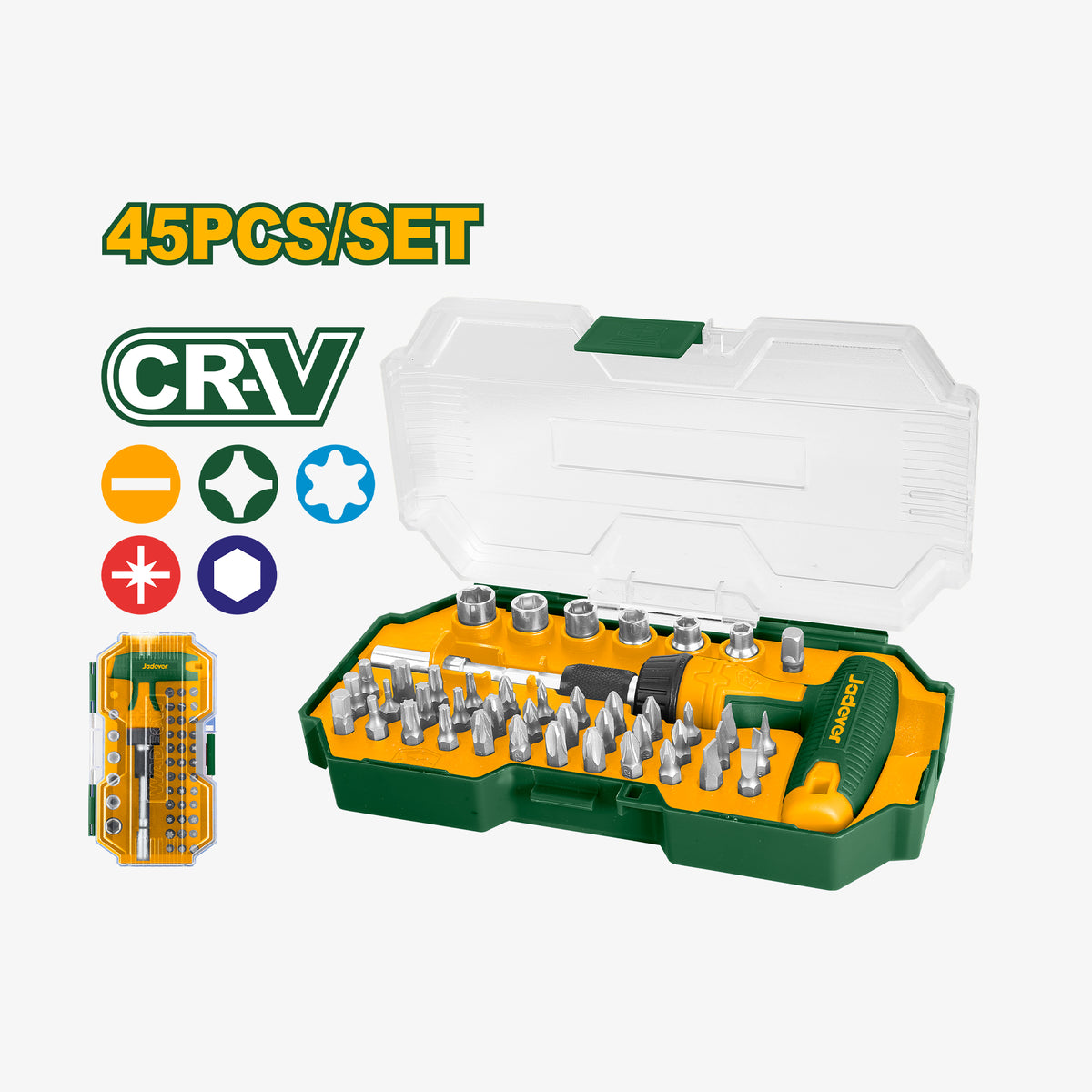 45-piece screwdriver set with open case on a white background, featuring CRV branding.