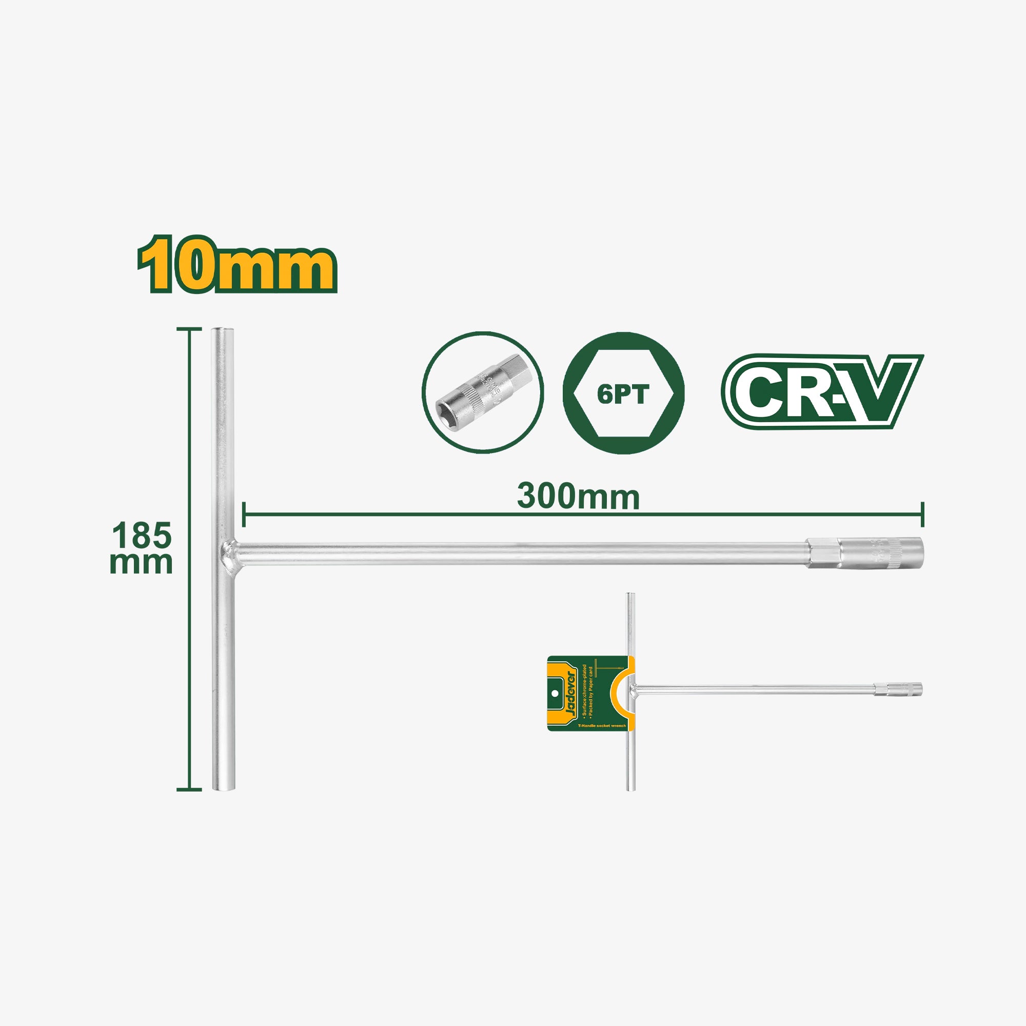 Measurement chart for a tool component with dimensions and branding on a white background