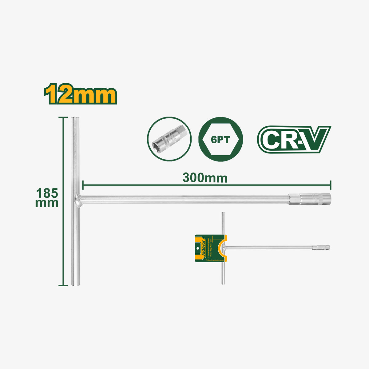 Measurement chart for a tool with dimensions and CRV branding on a white background