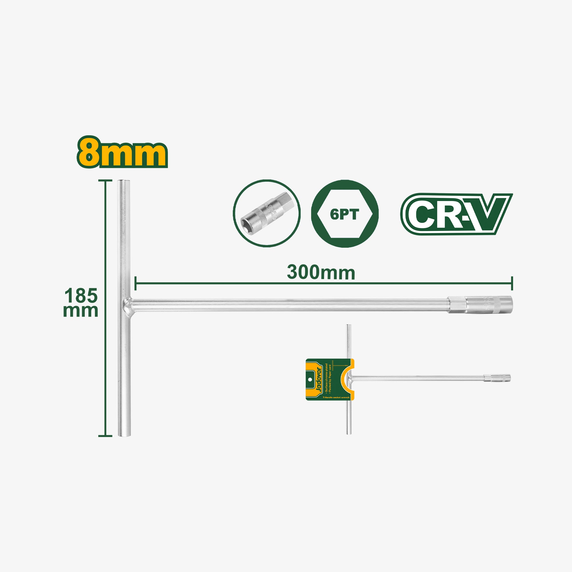 Measurement chart for a metal rod with dimensions and certification logos on a white background