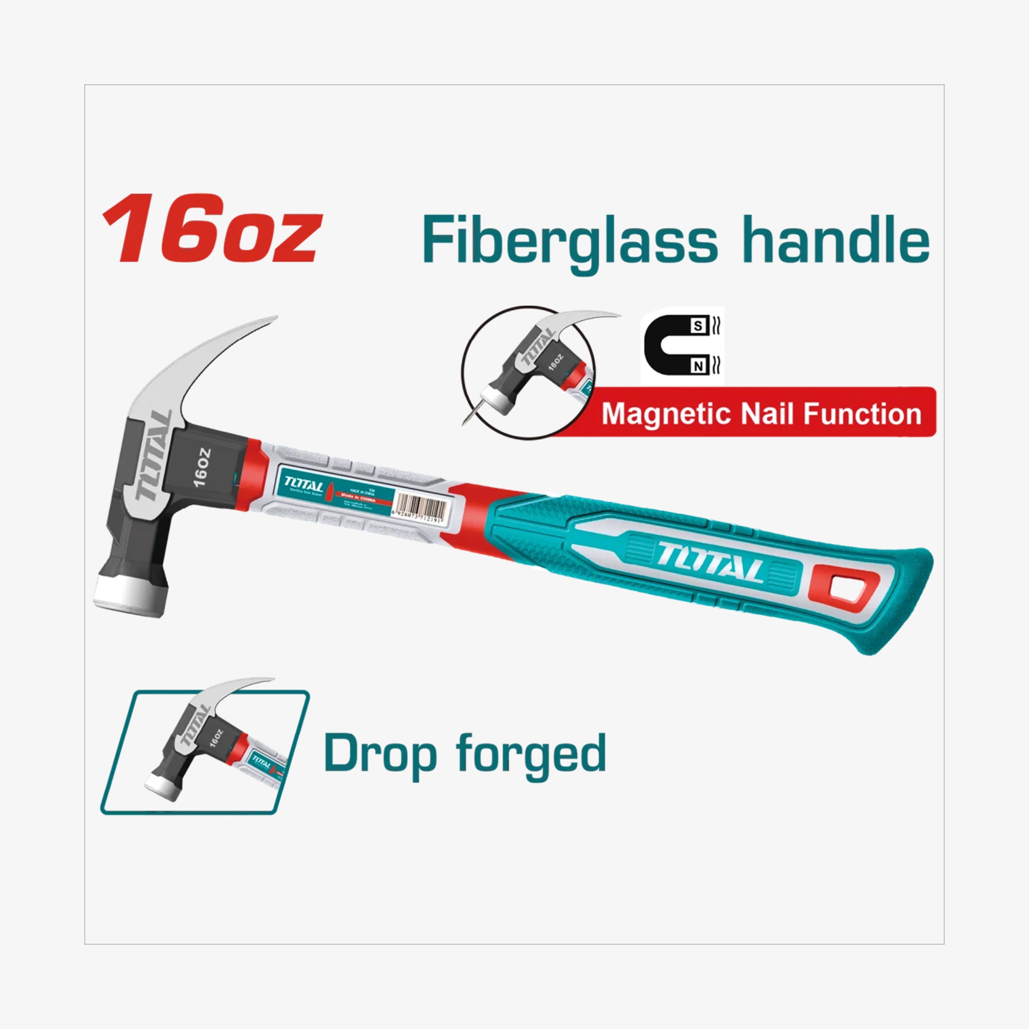 TOTAL Claw Hammer 450g Fiberglass Handle