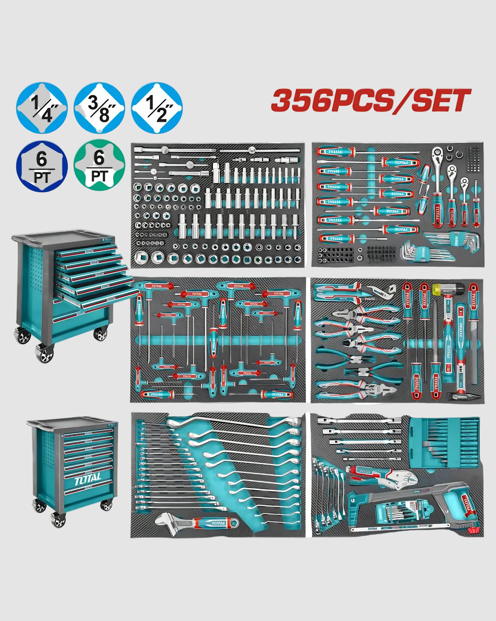 Tool set with tools and toolbox on a white background