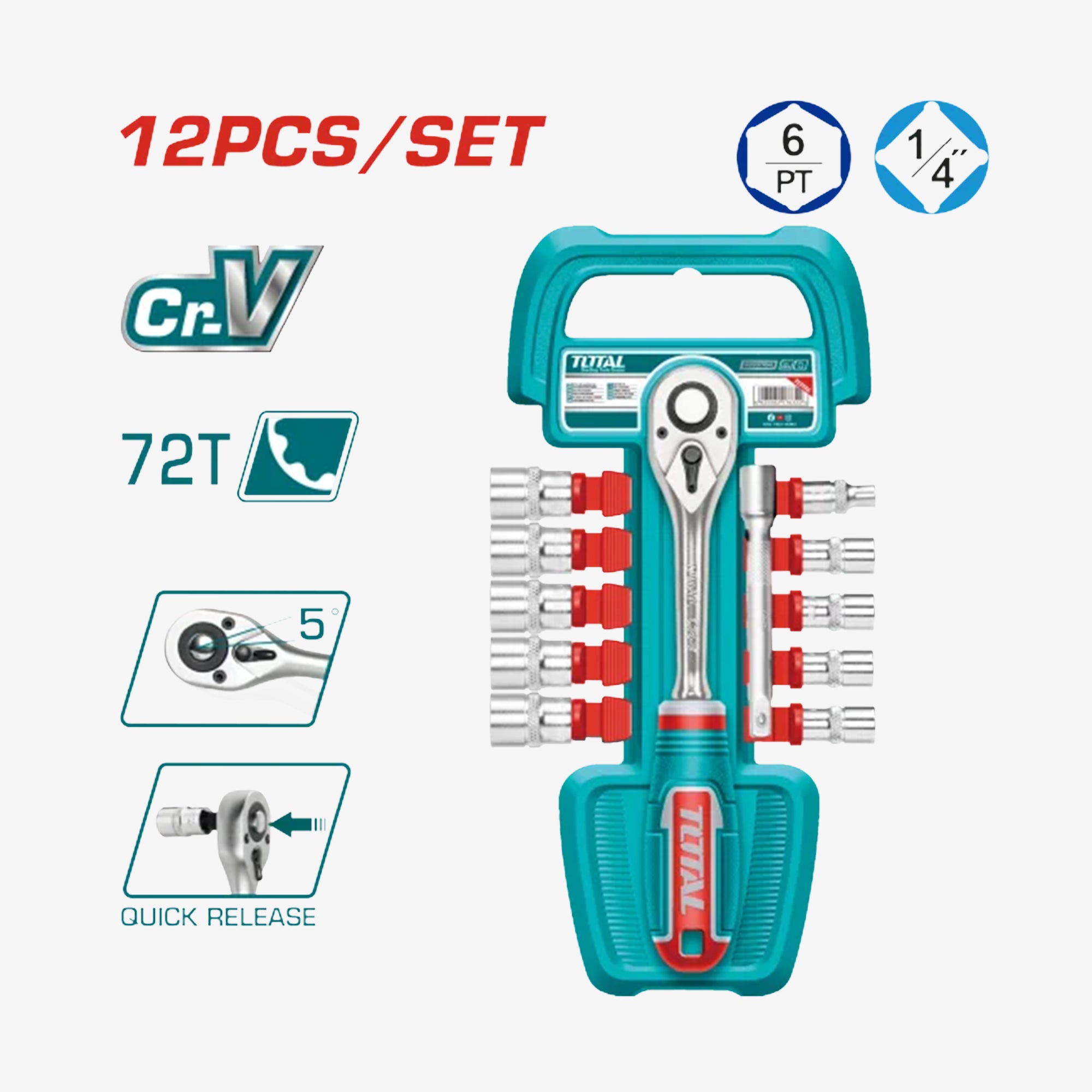 ឈុតកូនសោរប៊ូឡុងទំហំ 1/4" ចំនួន 12 គ្រឿង