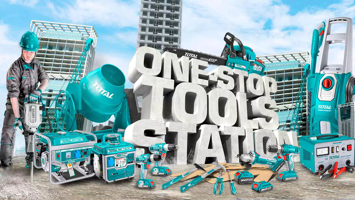 Display of various tools and equipment with a person in a green helmet on a construction site.