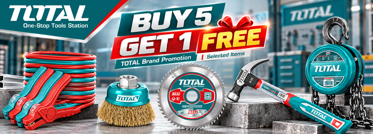 Promotional banner for TOTAL tools featuring a buy 5 get 1 free offer, with several tools including a red and teal coiled tool, a brush attachment, a circular saw blade, a hammer, and a hanging chain tool against an industrial workshop background.