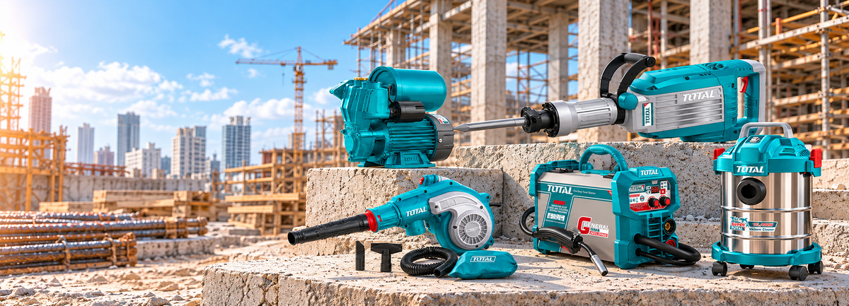 A lineup of teal and silver cordless power tools and appliances, including a drill, hammer, leaf blower, grinder, welder, and vacuum, displayed on a stone pedestal at a construction site with cranes and buildings in the background.
