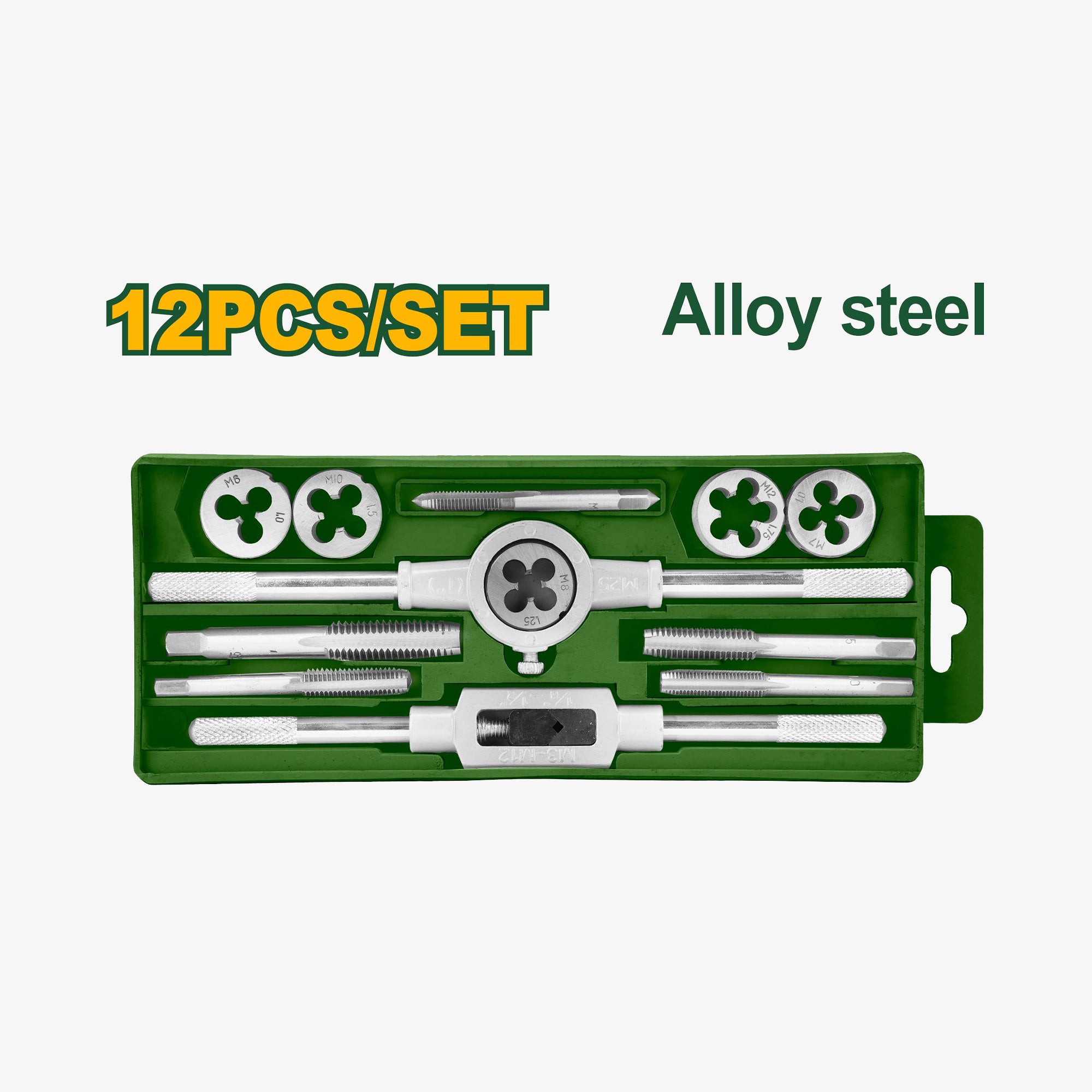 Set of tap and die tools with '12PCS/SET' and 'Alloy steel' text on a green background