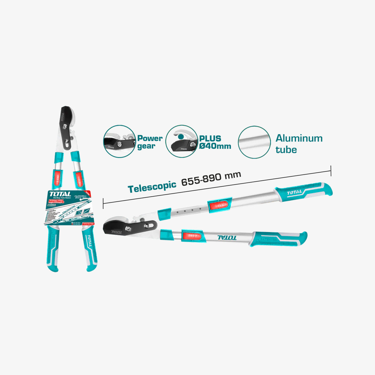 Gardening tool with telescopic design, featuring Total branding, on a white background.