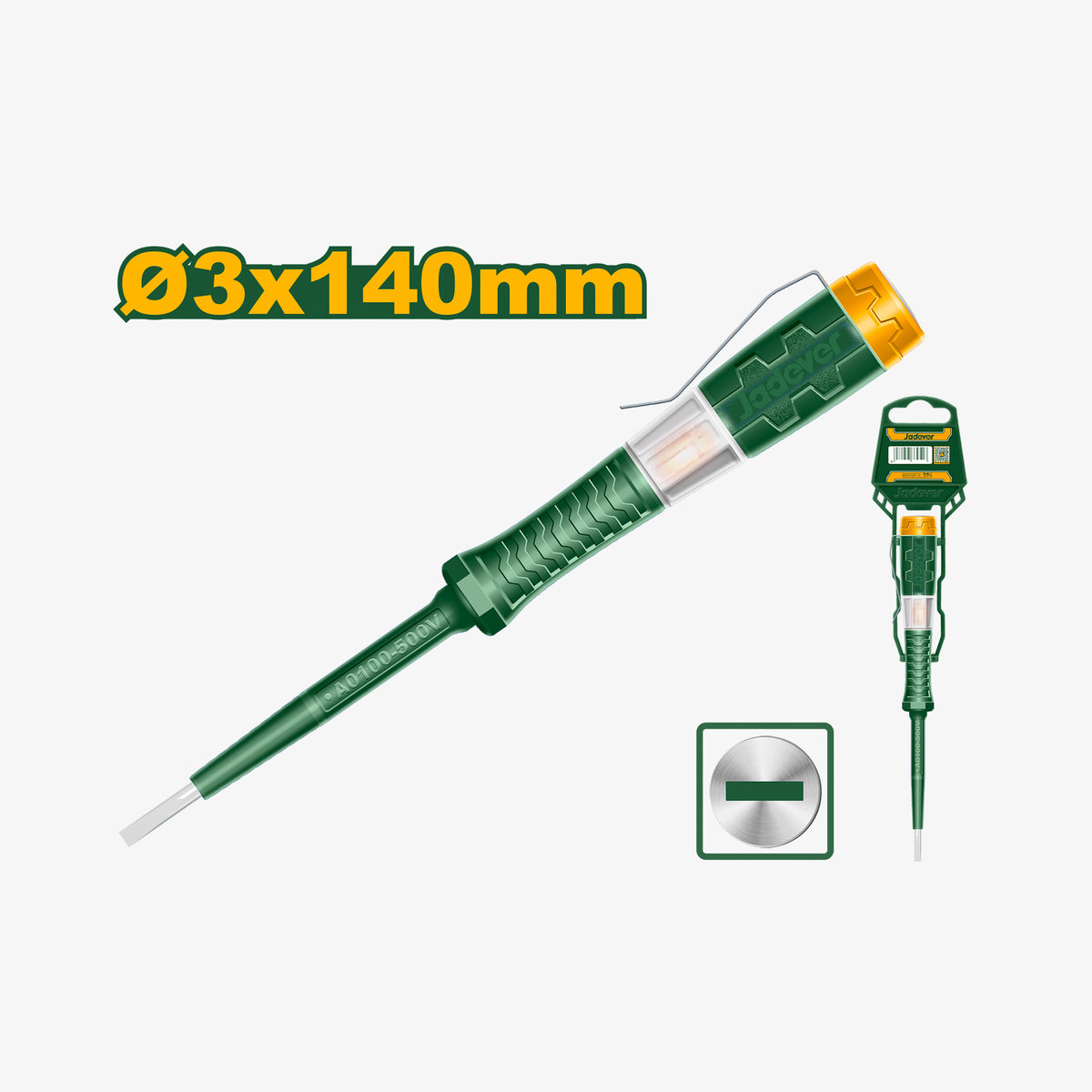 Green tool with a yellow handle and specifications on a white background