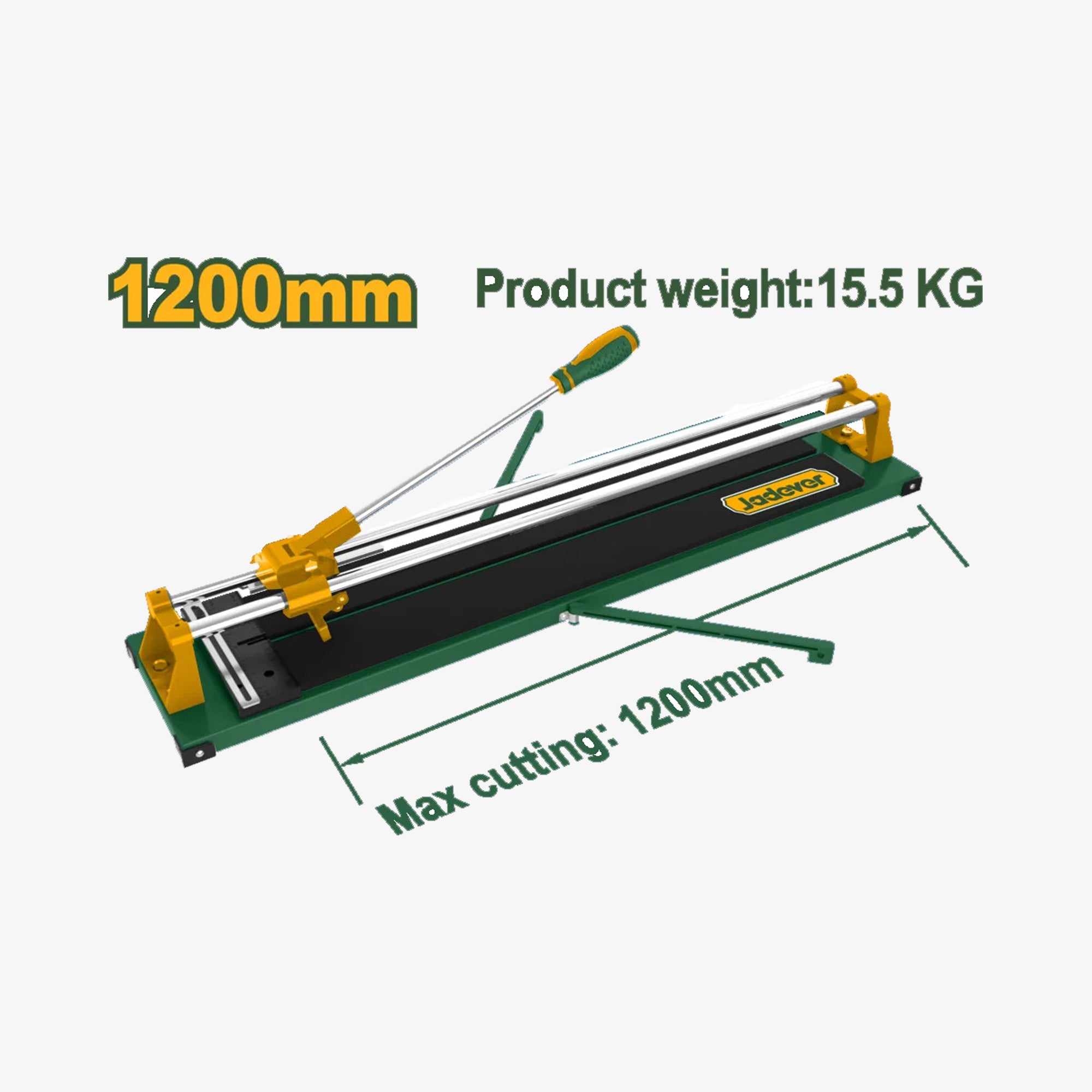 Tile cutter with dimensions and weight information on a white background