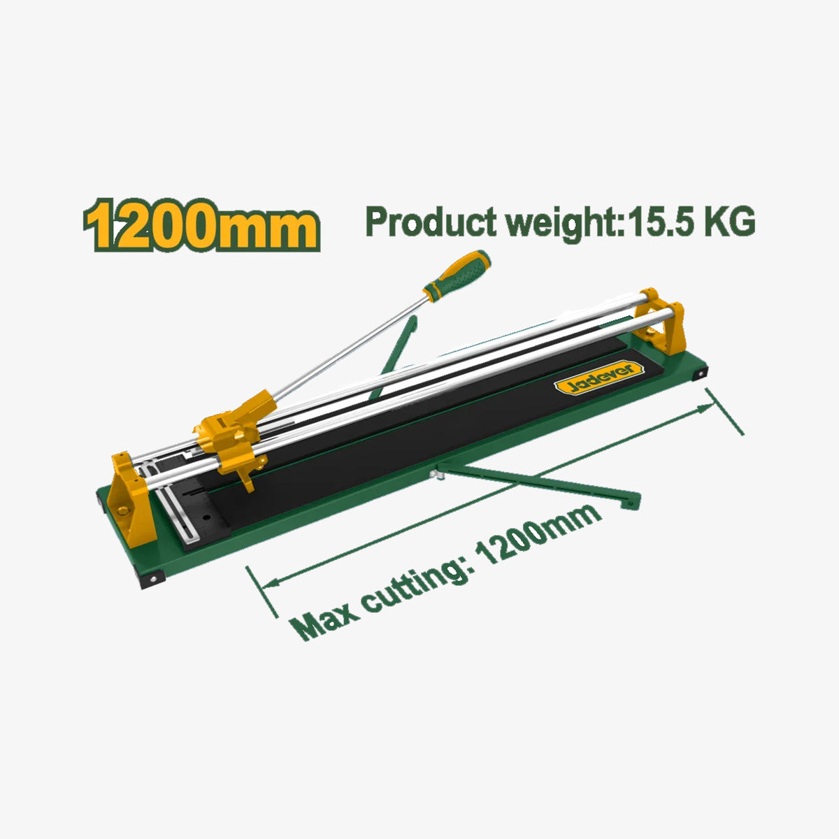 Tile cutter with dimensions and weight information on a white background