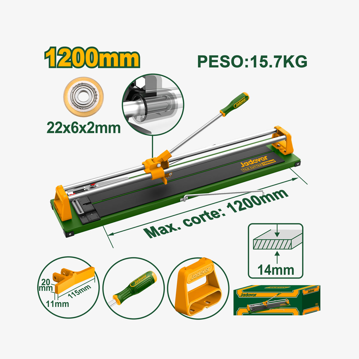 Tile cutter with specifications on a white background
