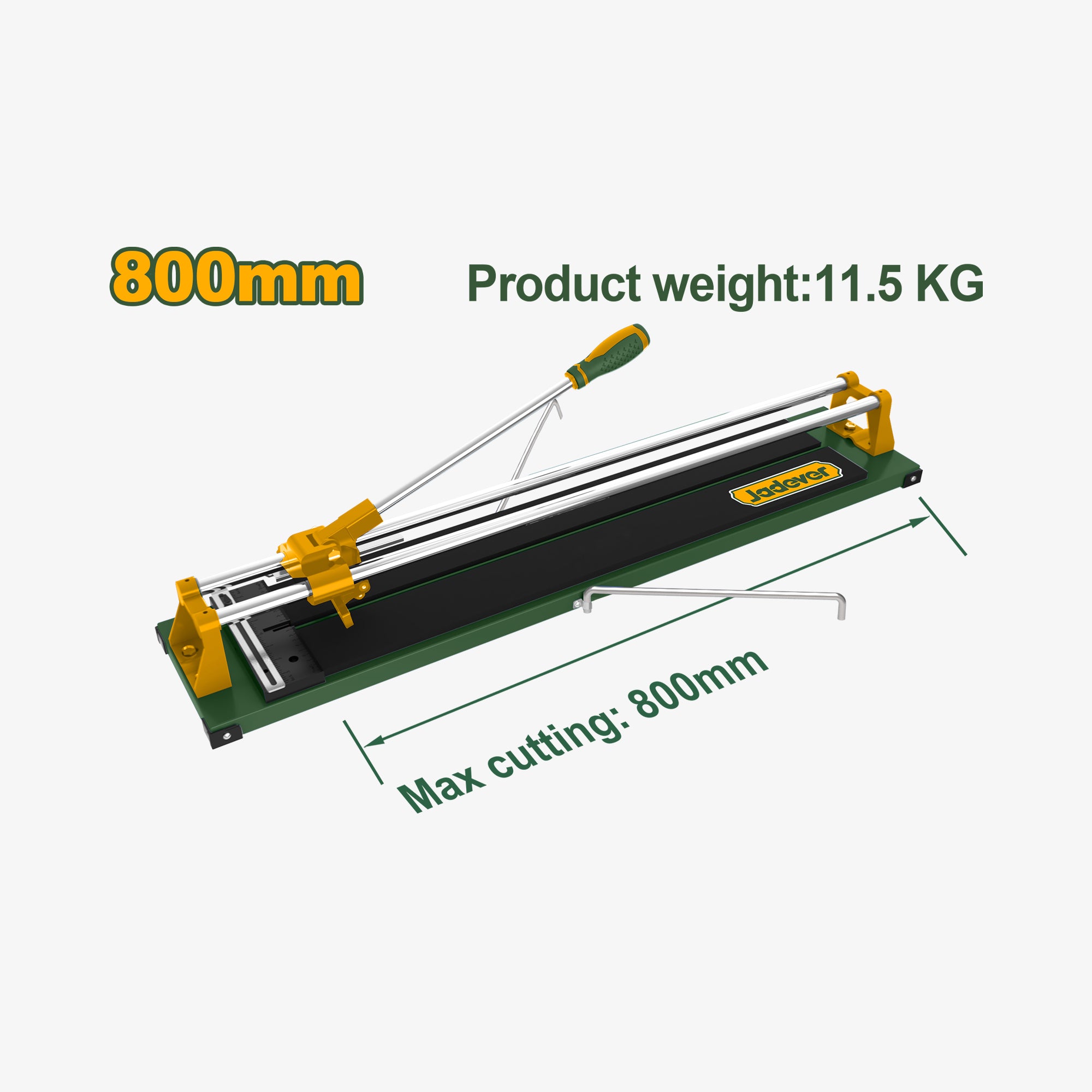 Tile cutter with dimensions and weight information on a white background
