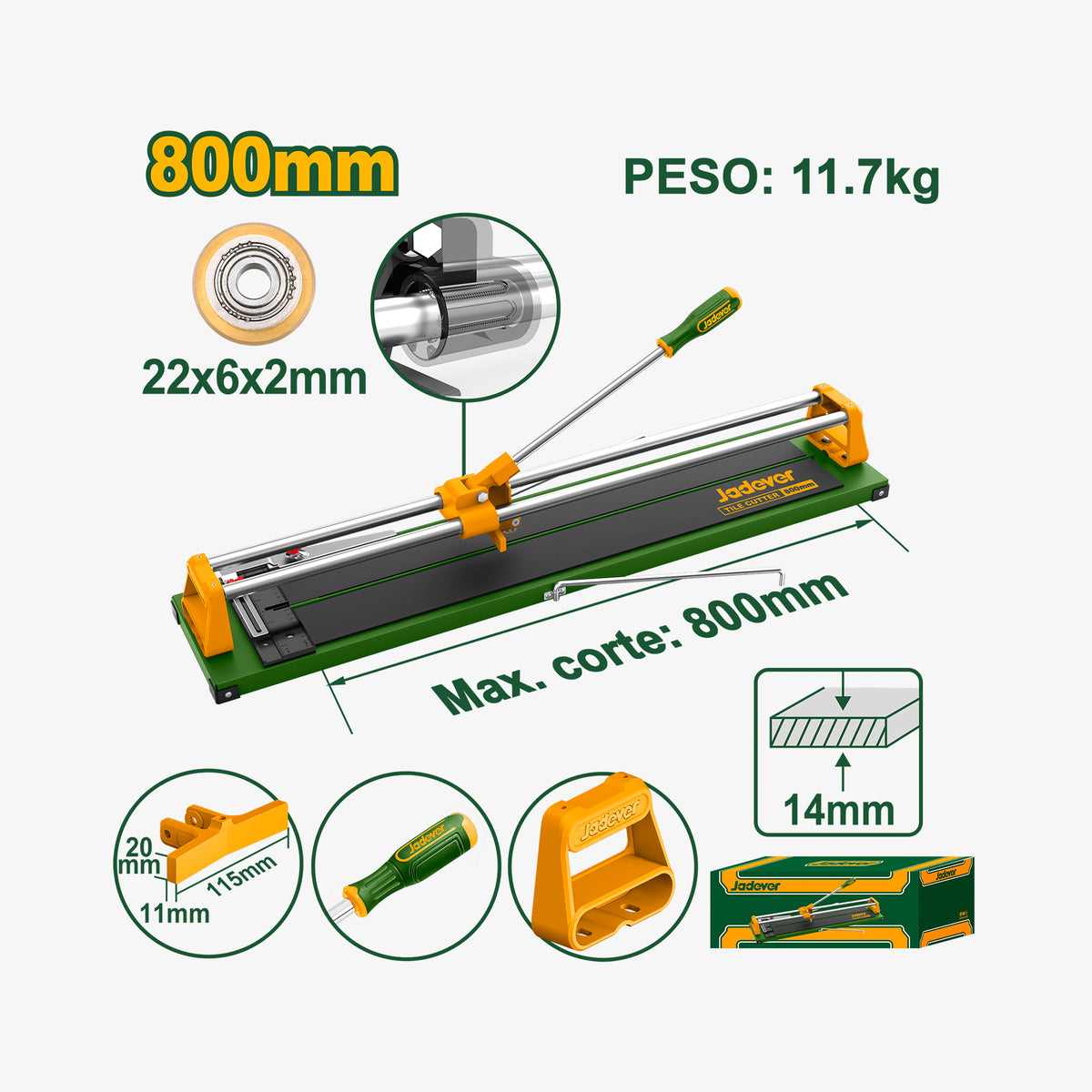 Tile cutter with specifications on a white background