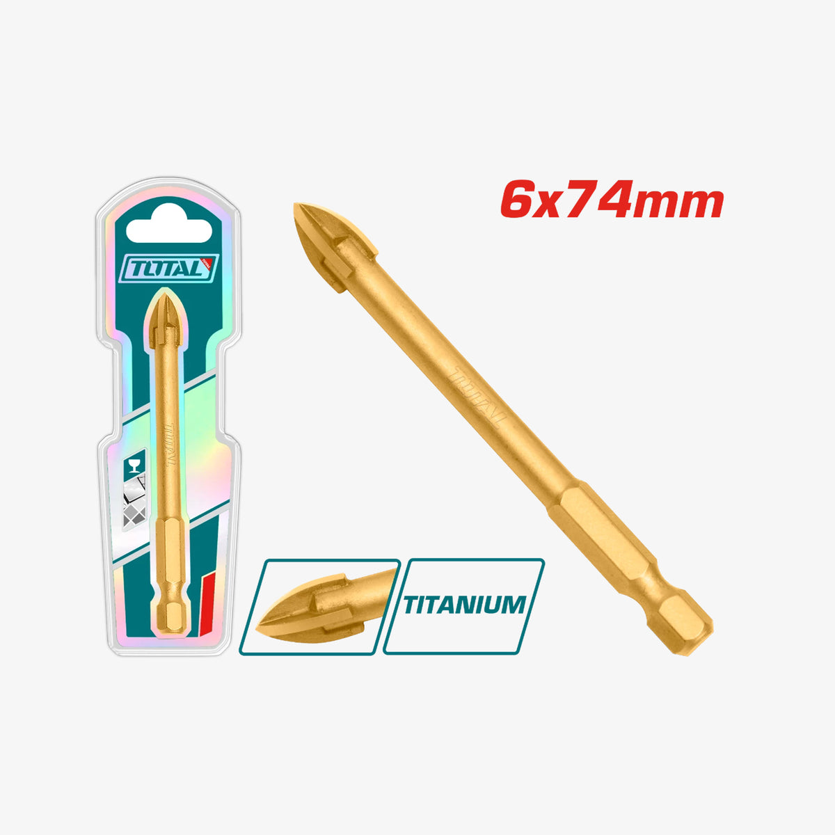 Gold drill bit with packaging and '6x74mm' text on a white background