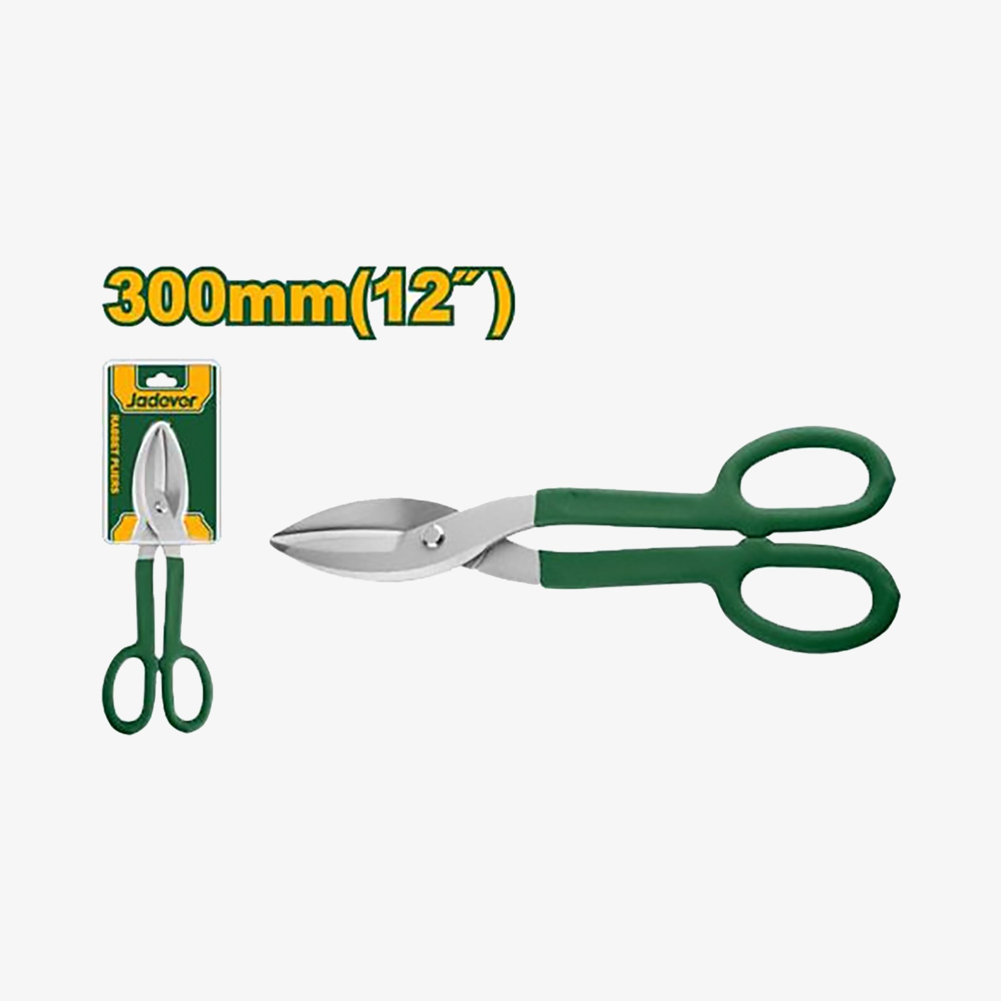 Green scissors with packaging and measurement label on a white background