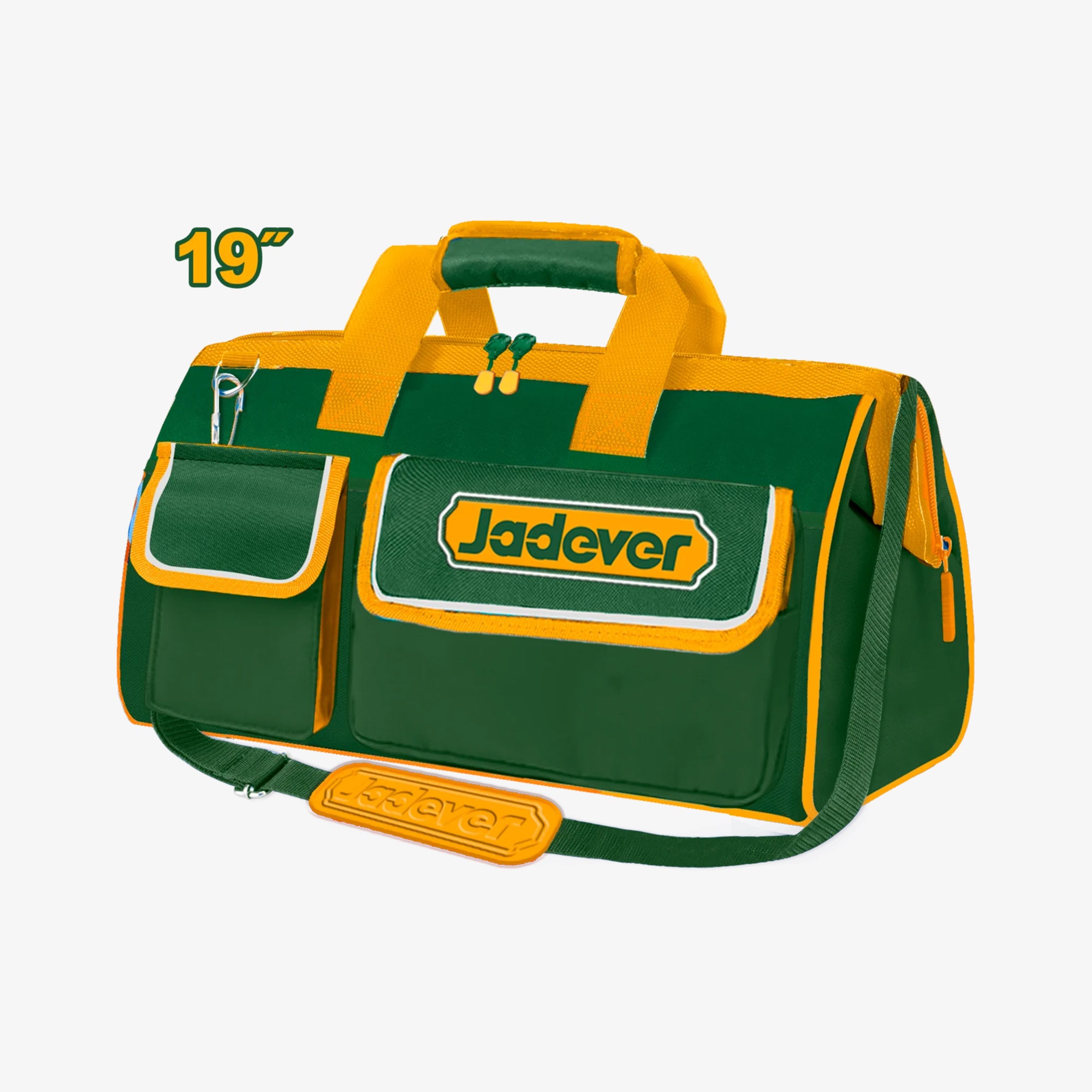 Green and yellow duffel bag with 'Jadever' branding on a white background
