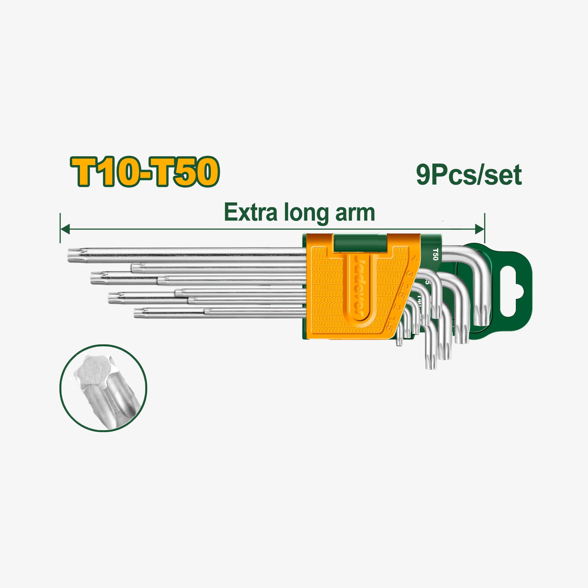 Set of hex keys with extra long arm on a white background