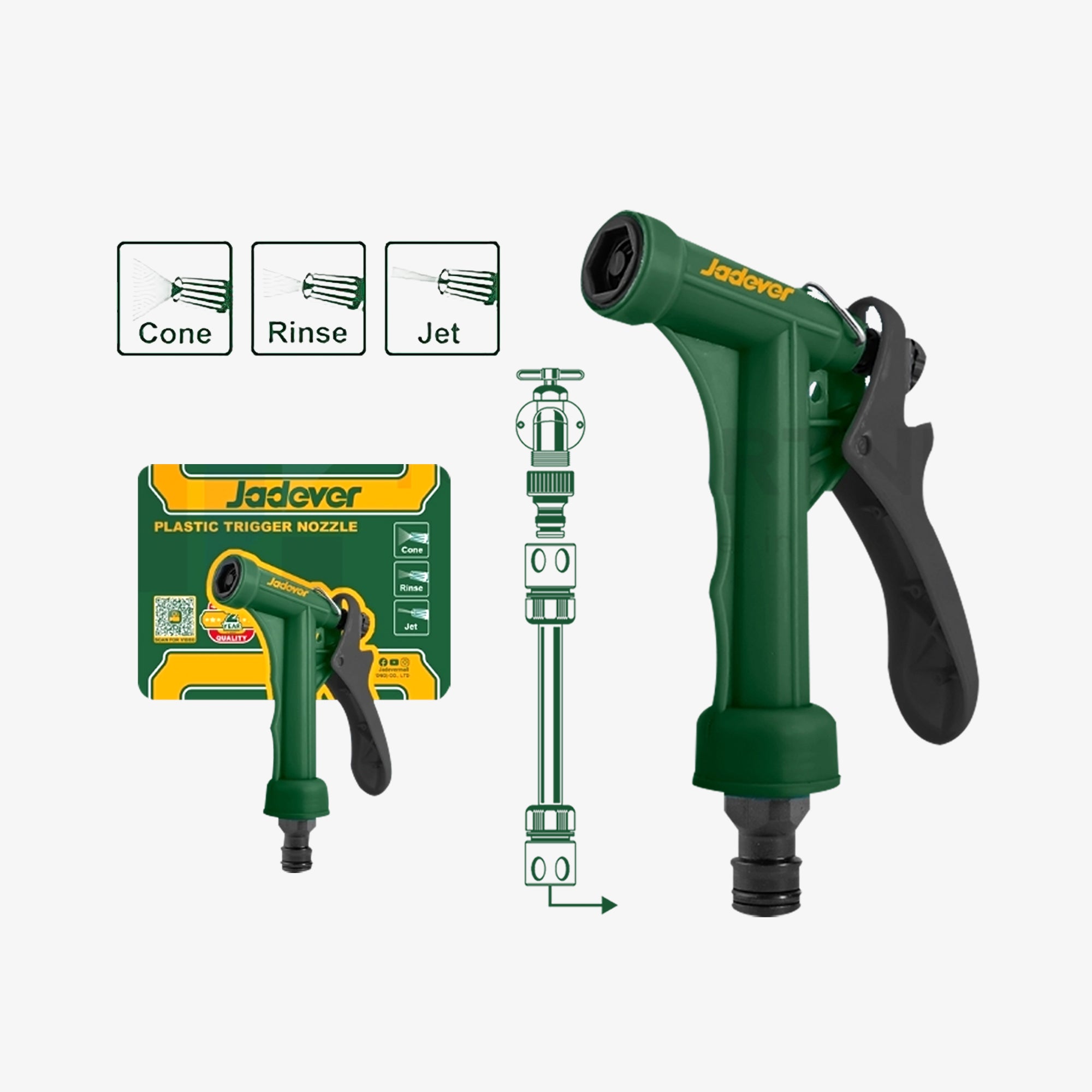 Green Jadover plastic trigger nozzle with packaging and illustrations on a white background