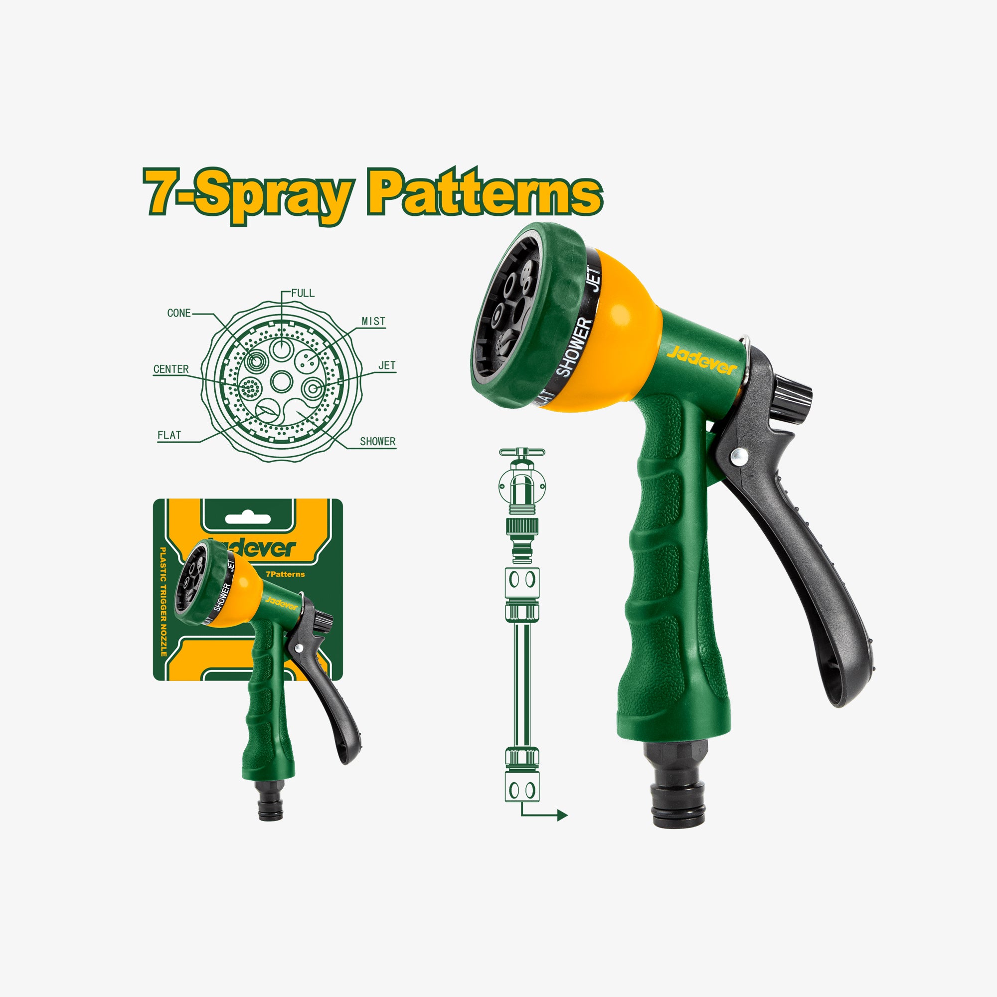 Green and yellow garden shower with 7-spray patterns illustration on a white background