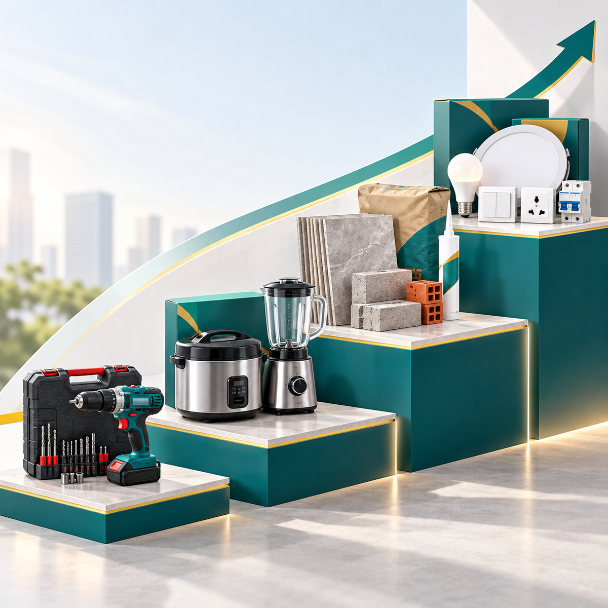 A staged product display on teal and white pedestal steps showing home improvement and kitchen items: cordless drill and drill bits, a rice cooker and blender, stacked tiles, bricks, a light bulb, and electrical outlets. No people or animals are present, and the setting is a clean commercial render/studio scene rather than a real lived-in environment, so Product/Packaging fits better than Lifestyle.