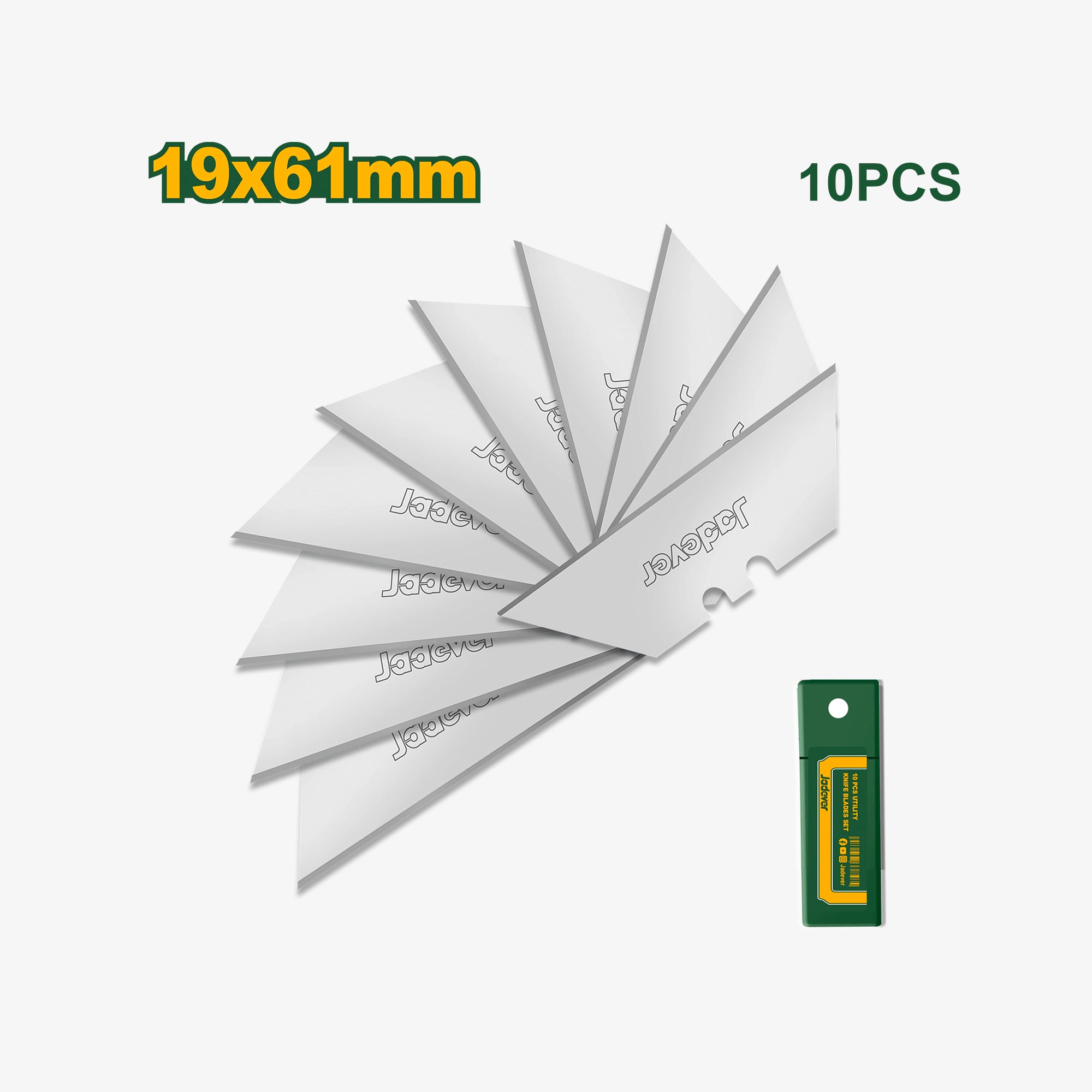 Set of 10 metal blades with 'Jaguar' branding, dimensions 19x61mm, on a white background.