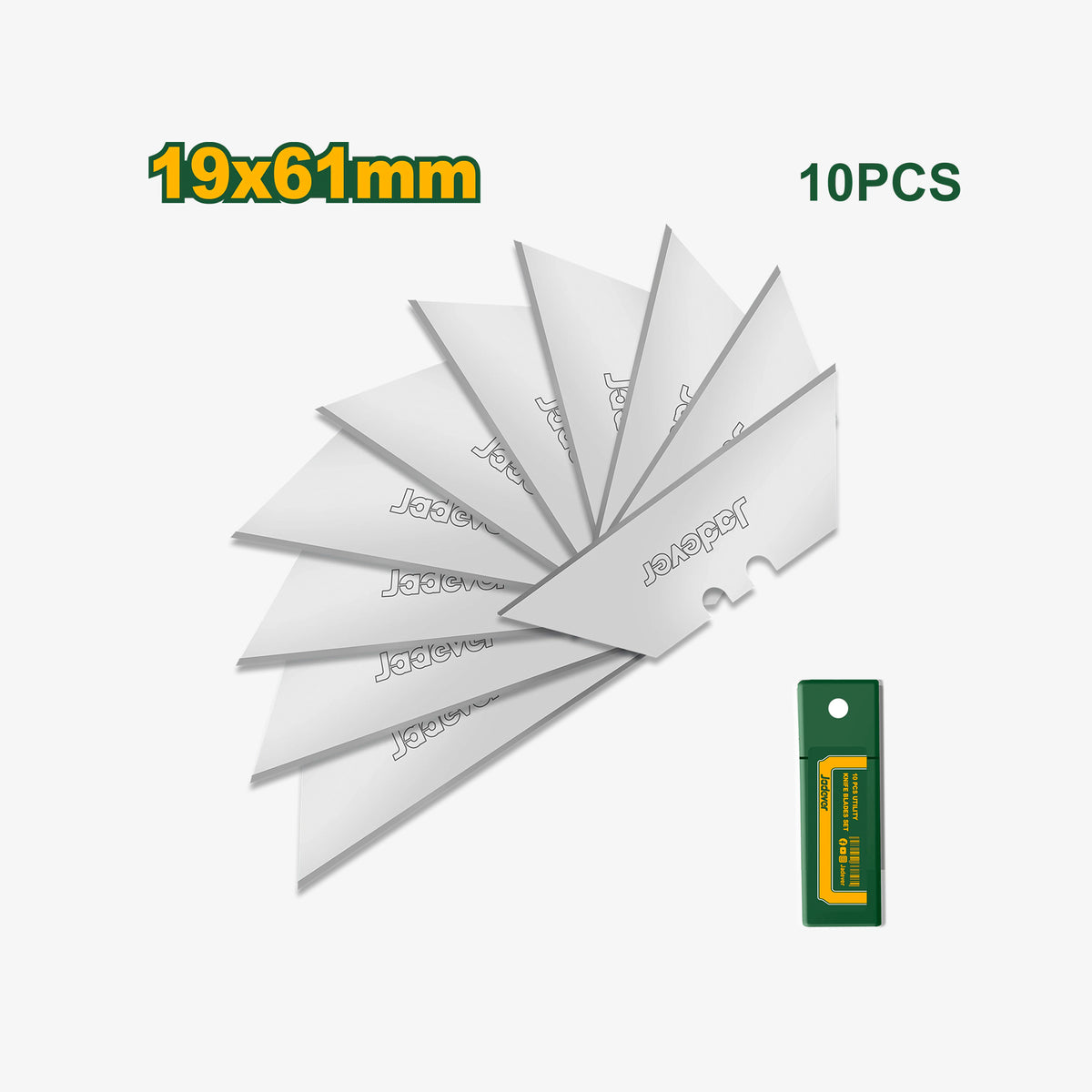 Set of 10 metal blades with 'Jaguar' branding, dimensions 19x61mm, on a white background.